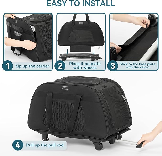 PETSFIT Extra Large Pet Carrier with Wheels- Rolling Dog Carrier for 2 Small Dogs, Large Cat Carrier on Wheels with Adjustable Safety Rope & Waterproof Bottom (π΅ππ π¨ππππππ π¨πππππππ
)