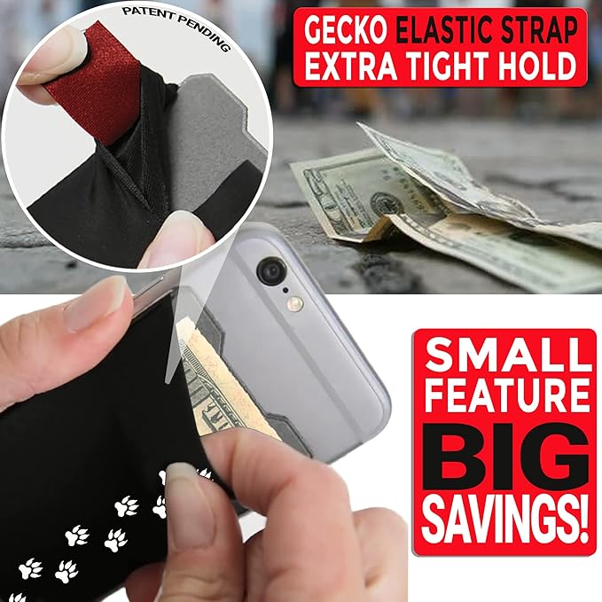 Gecko Travel Tech Double Pocket - Adhesive Card Holder - Cell Phone Pouch - Stick on Spandex Pocket - Carry Credit Cards and Cash (Black - CAT PAW)
