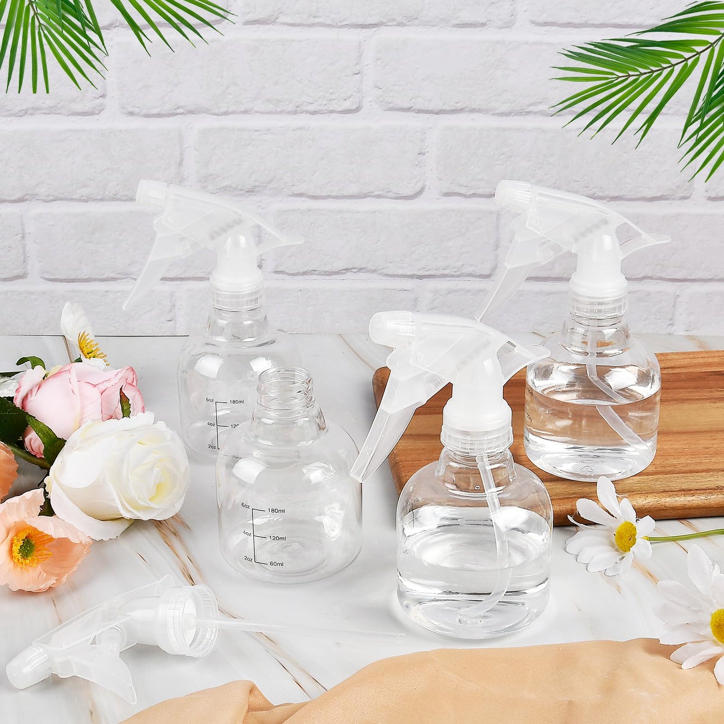Worldity 24 Pcs Empty Plastic Spray Bottles 8 oz, Clear Mini Spray Bottles with Measurement Adjustable Nozzle, Refillable Spray Bottle for Hair Plant Kitchen Bath