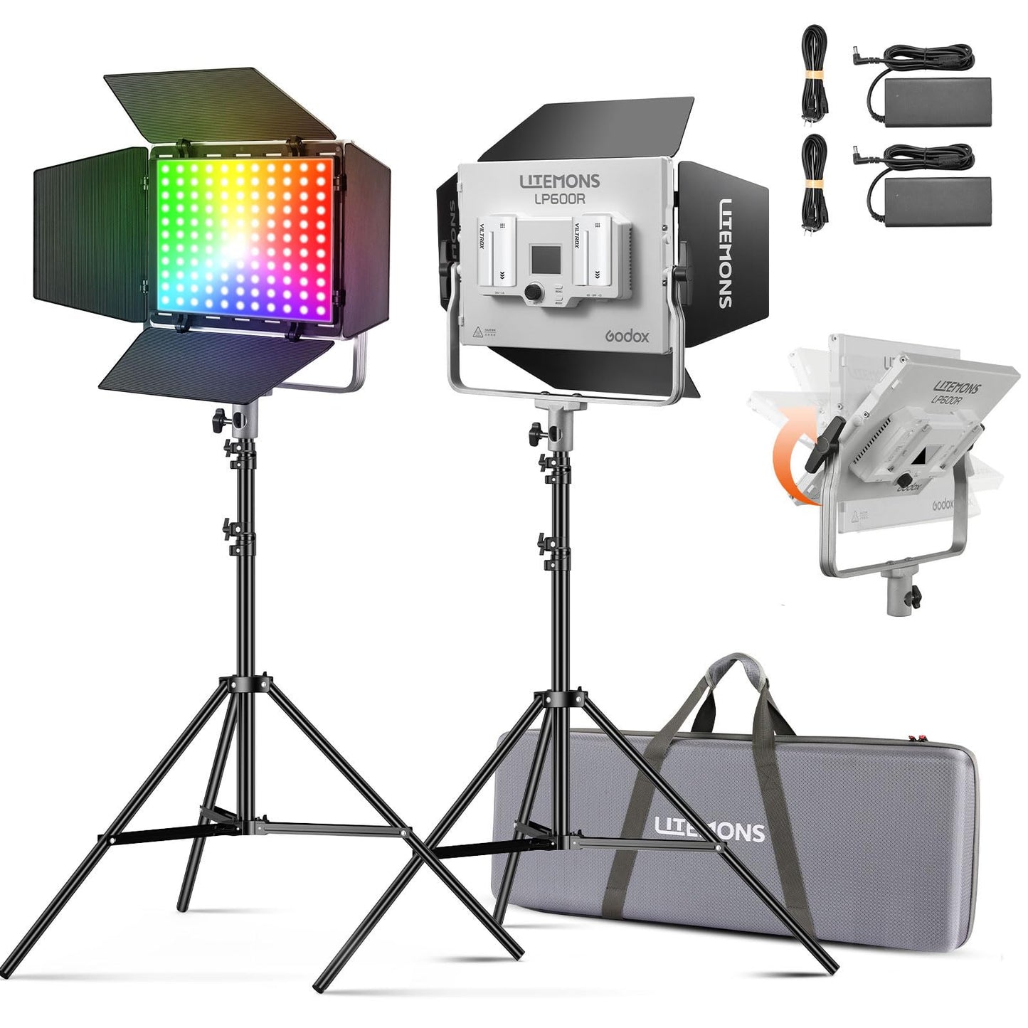Godox LP600R 60W RGB LED Light Panel 2-Light Kit, 2-Pack with Battery Power, Light Stand, Carrying Case, 1800-10000K, 9270Lux@0.5m, APP Control for YouTube Video Recording and Live Streaming