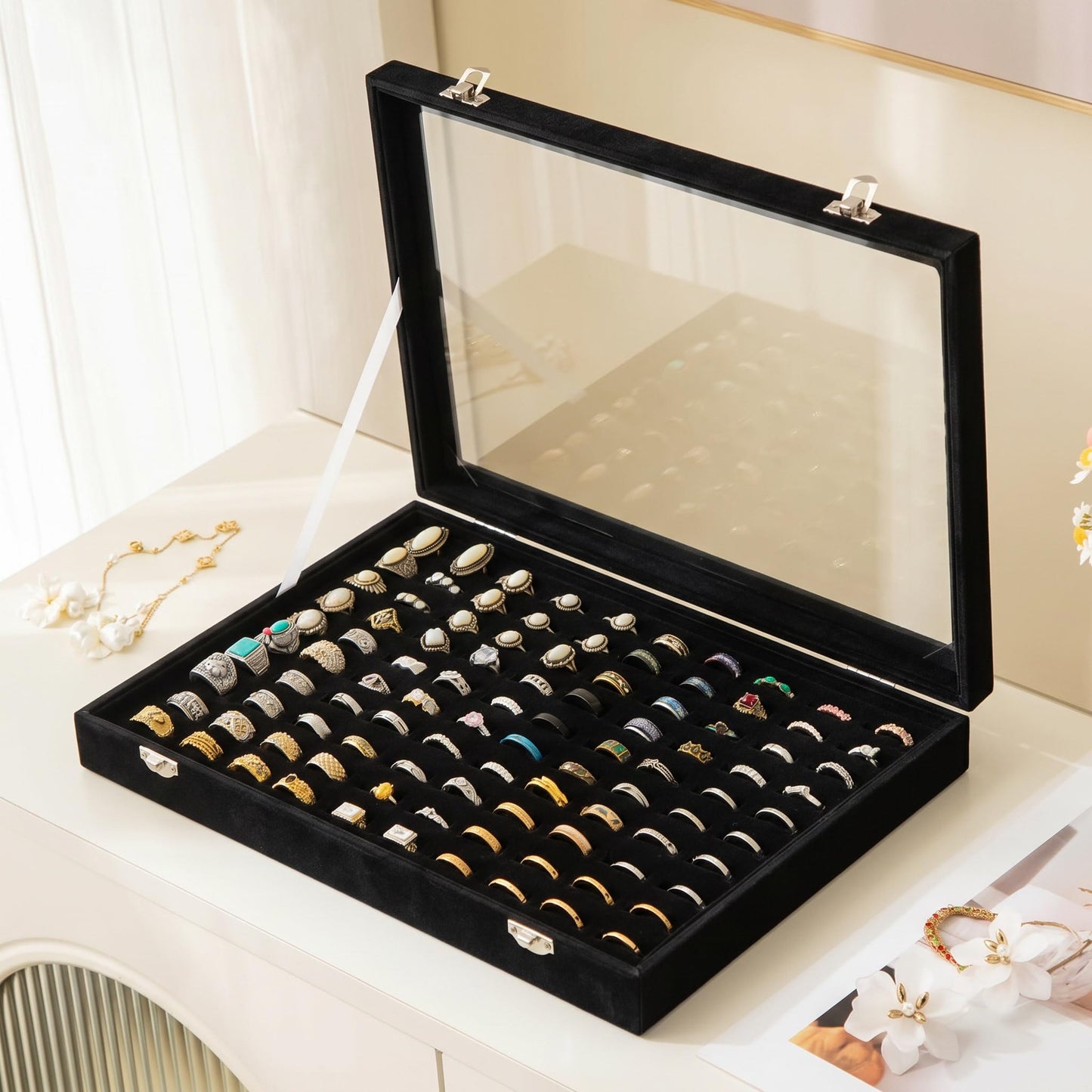 Frebeauty Ring Organizer Tray 100 Slots Ring Holder with Clear Lid Velvet Storage Box Jewelry Tray for Jewelry Store Earring Display Case for Jewelry Show Studs Box for Women(Black)