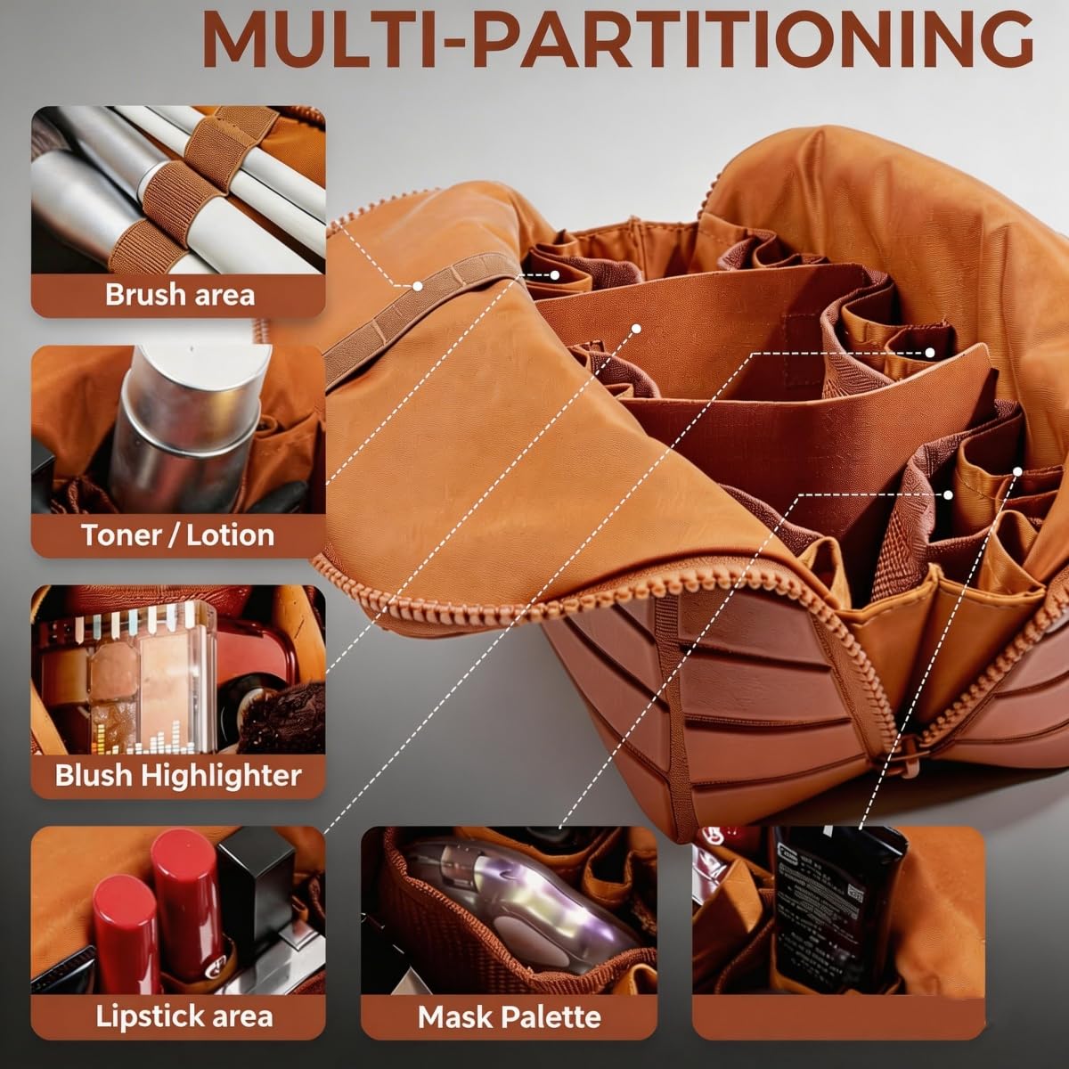Cmengleo Travel Makeup Organizer Bag with Fold-Down Design, Adjustable Dividers, 27 Pockets & 3 Brush Holders, Large Capacity Cosmetic and Toiletry Organizer (Brown)