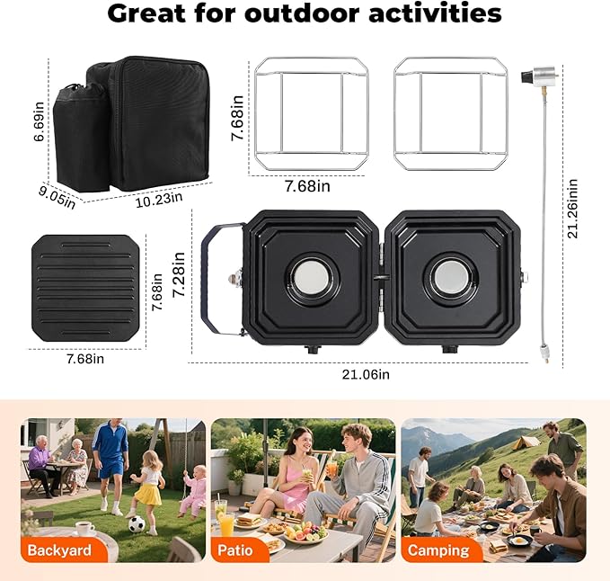Dollate 2-Burner Propane Stove with Griddle and Carrying Bag, Portable Foldable Camping Stove with 2 Adjustable Burners 16000 BTUs,for Camping Tailgating Essentials Gear (Orange)