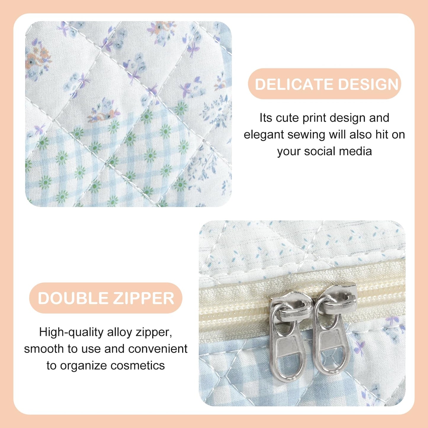 UUYUUY Makeup Bag for Women 3PCS Quilted Cotton Make Up Bag Travel Cosmetic Bag Large Makeup Bag Set Cute Makeups Organizer Floral Toiletry Pouch for Purse, Shabby Chic Blue