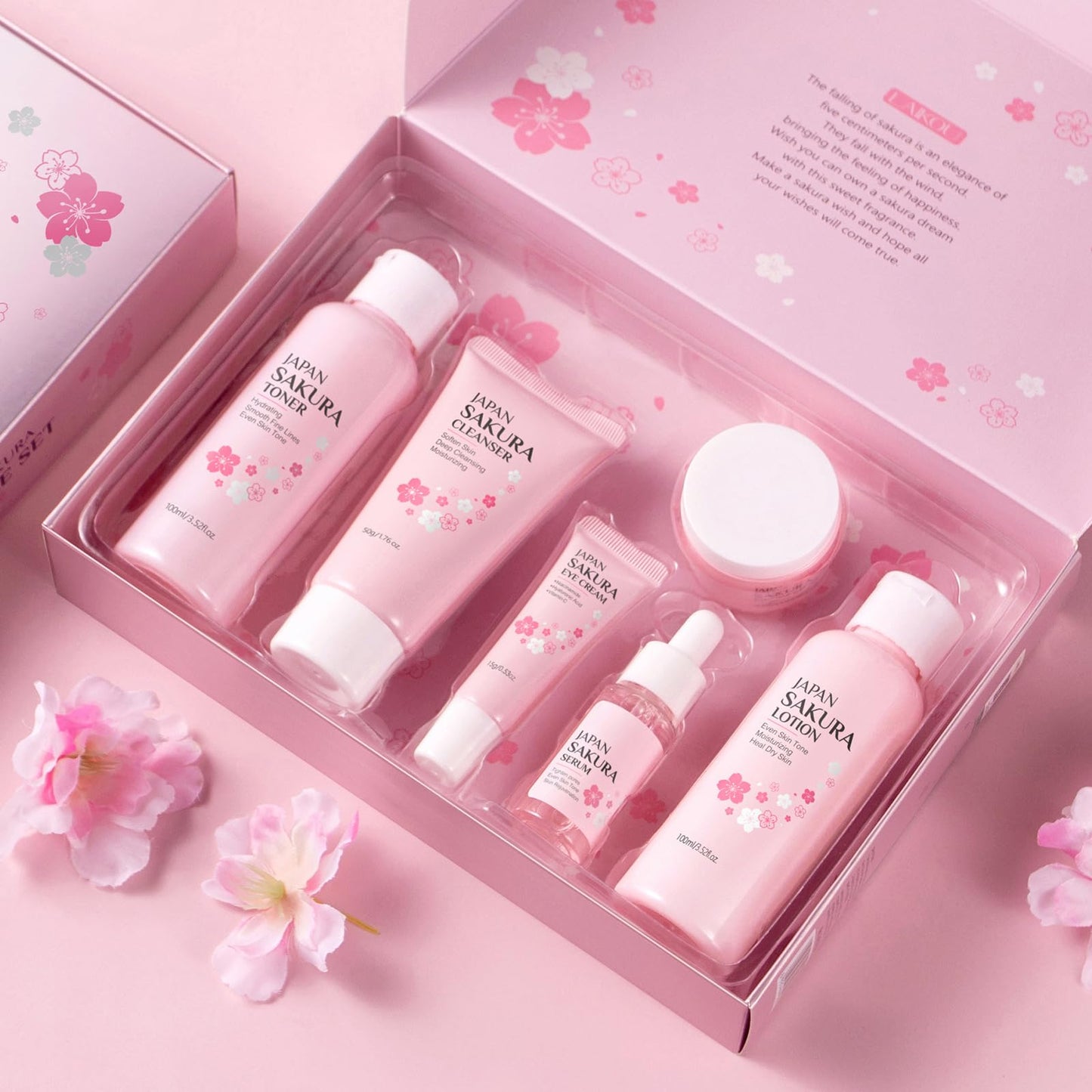 6PCS Sakura Skin Care Set, Skin Care Set Includes Facial Cleanser, Toner, Lotion, Essence, Eye Cream And Face Cream, Beauty Travel Skin Care Gift Set Suitable For Girls