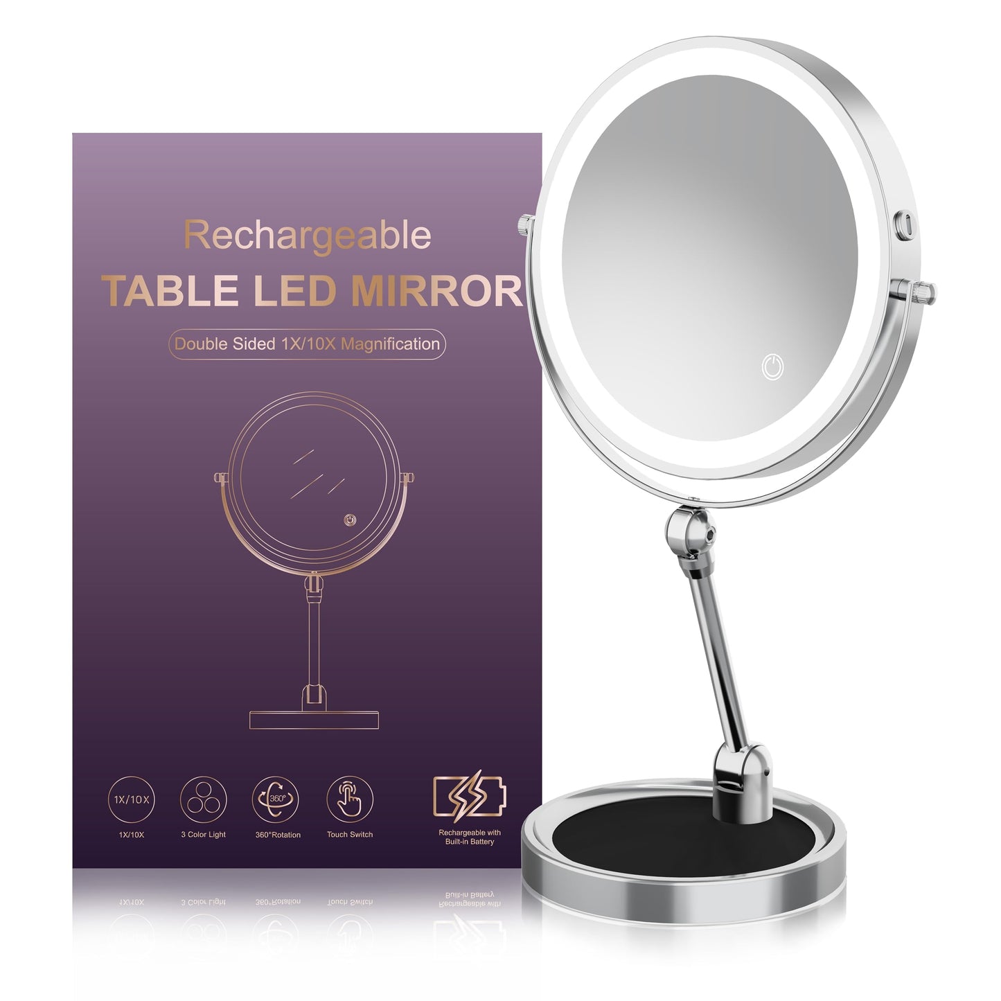 Rocollos Tabletop Makeup Mirror with Built-in Vanity Tray, 9" Rechargeable 4000mAh Lighted Vanity Mirror 1X/10X Magnification, Height-Adjustable Arm, 3 Color Dimmable (9Inch Chrome)