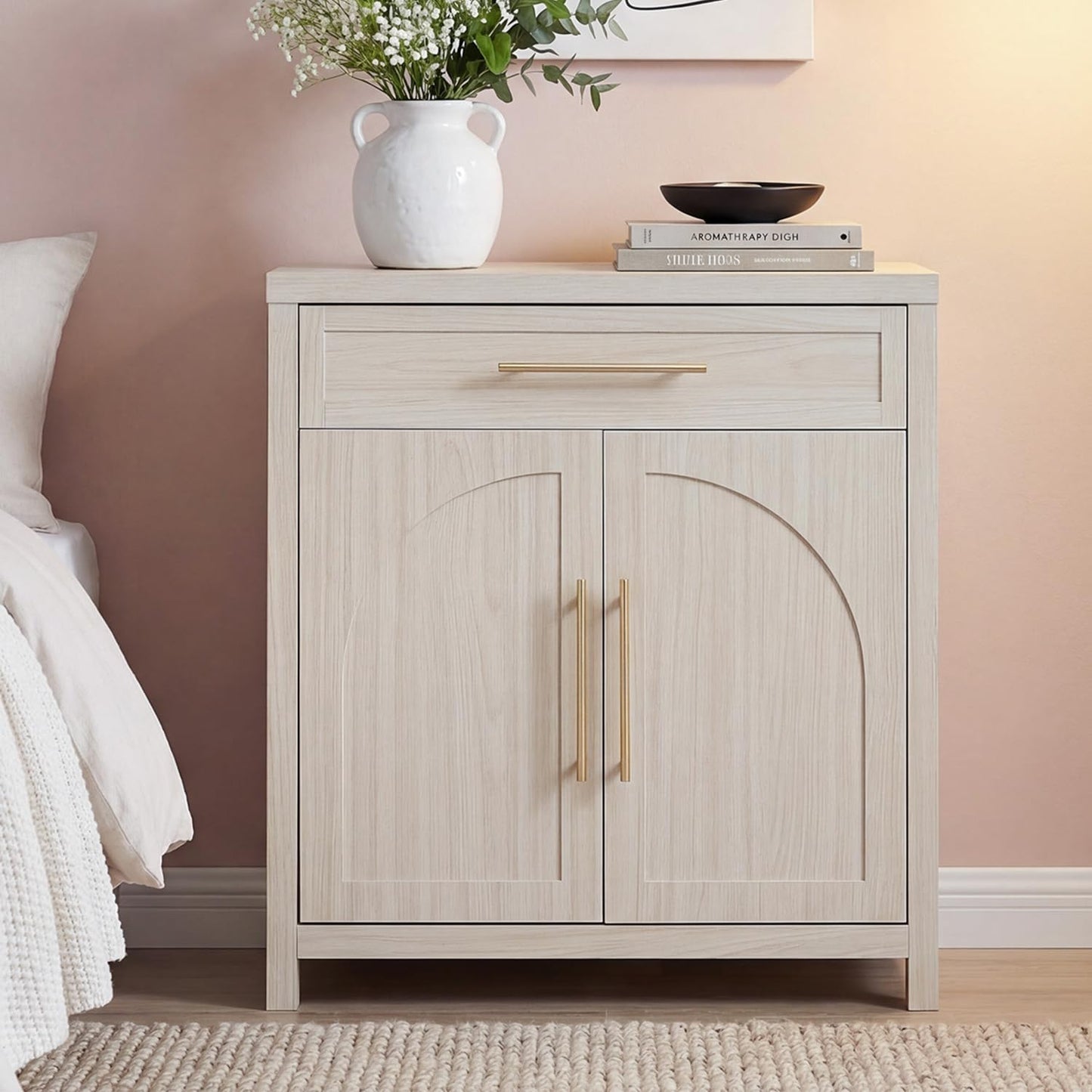 Madaha Mid-Century Modern Sideboard, 2-Door Accent Storage Cabinet with Arched Natural Wood Texture, Small Buffet Cabinet for Entryway, Living Room & Dining Room, White