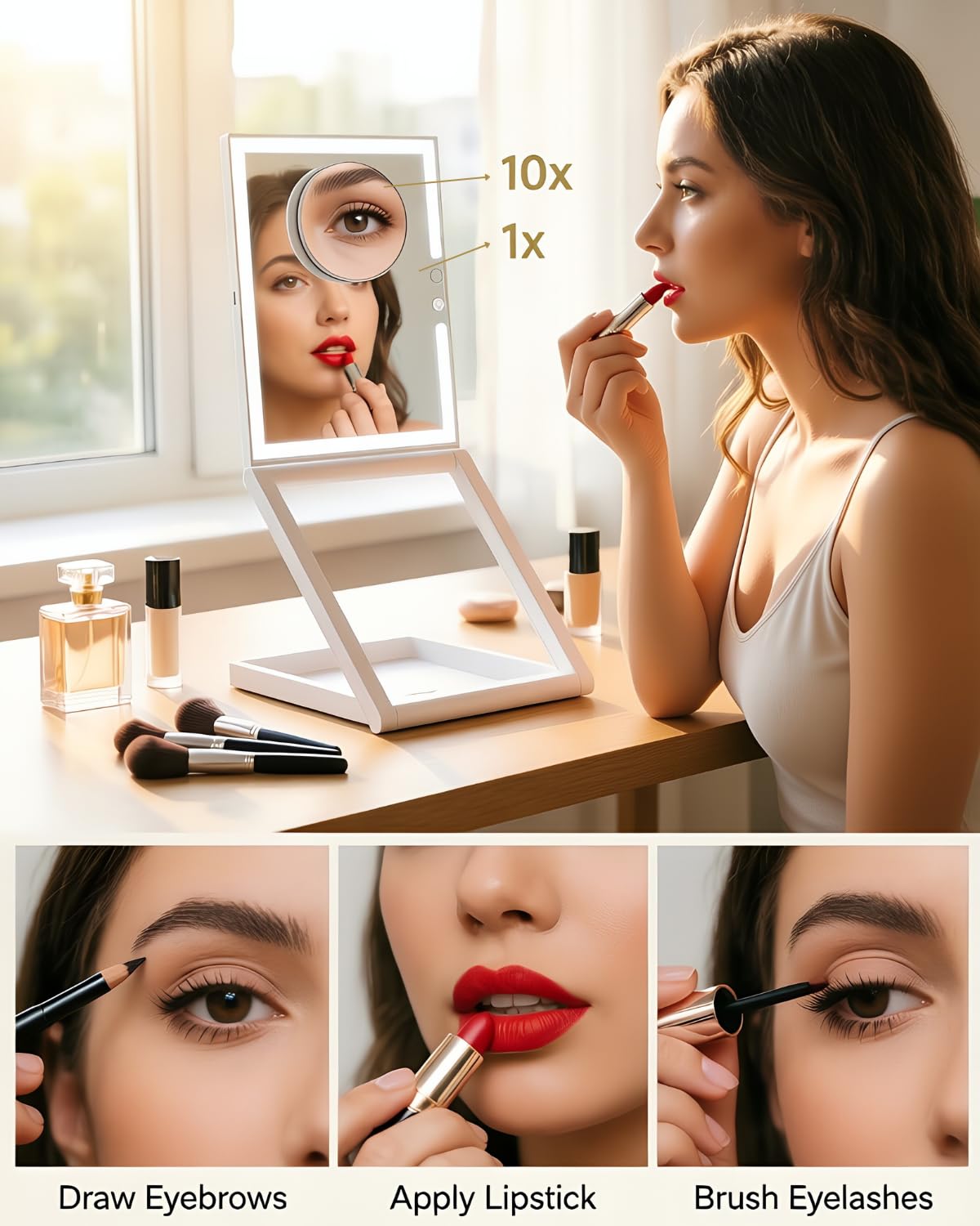 TOLOYE Makeup Mirror with Lights and Magnification 10X, Foldable Rechargeable Travel Led Makeup Mirror with Adjustable Stand, 3 Color Lights Stepless Dimming, Gifts for Women Wife Mom
