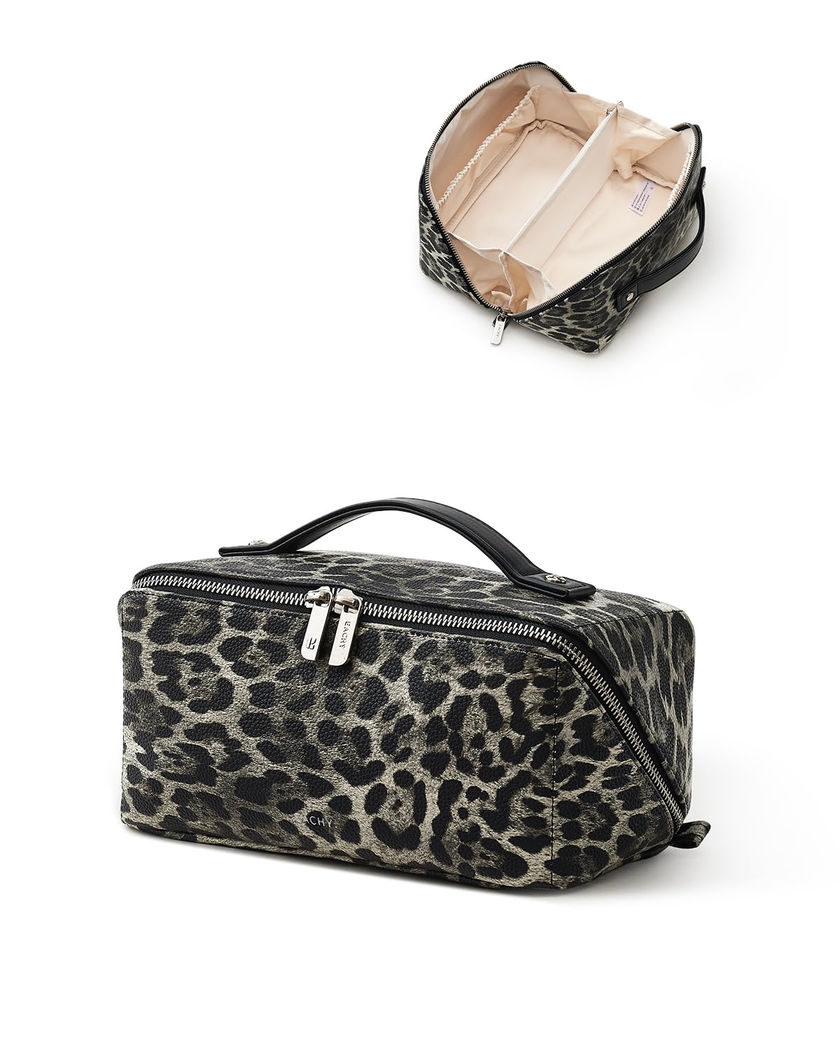 EACHY Travel Makeup Bag for Women, Large Leopard Print Cosmetic Bag with Upgraded Sturdy Zippers, Waterproof Leather Toiletry Organizer Pouch for Skincare Accessories