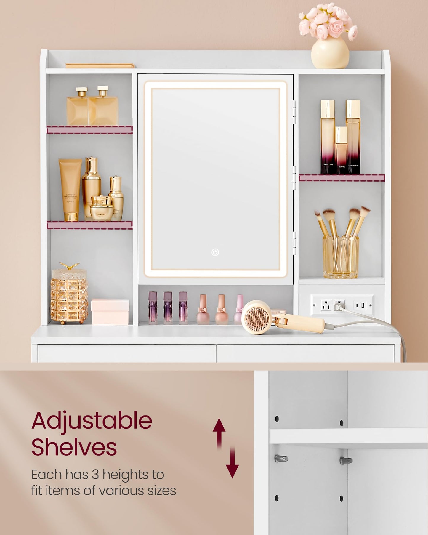 VASAGLE KAILYN Collection - Vanity Desk with Power Outlets, Makeup Vanity with Mirror and Lights, Upholstered Vanity Stool, 6 Compartments, 2 Drawers, for Bedroom, Cloud White URDT031WB02S