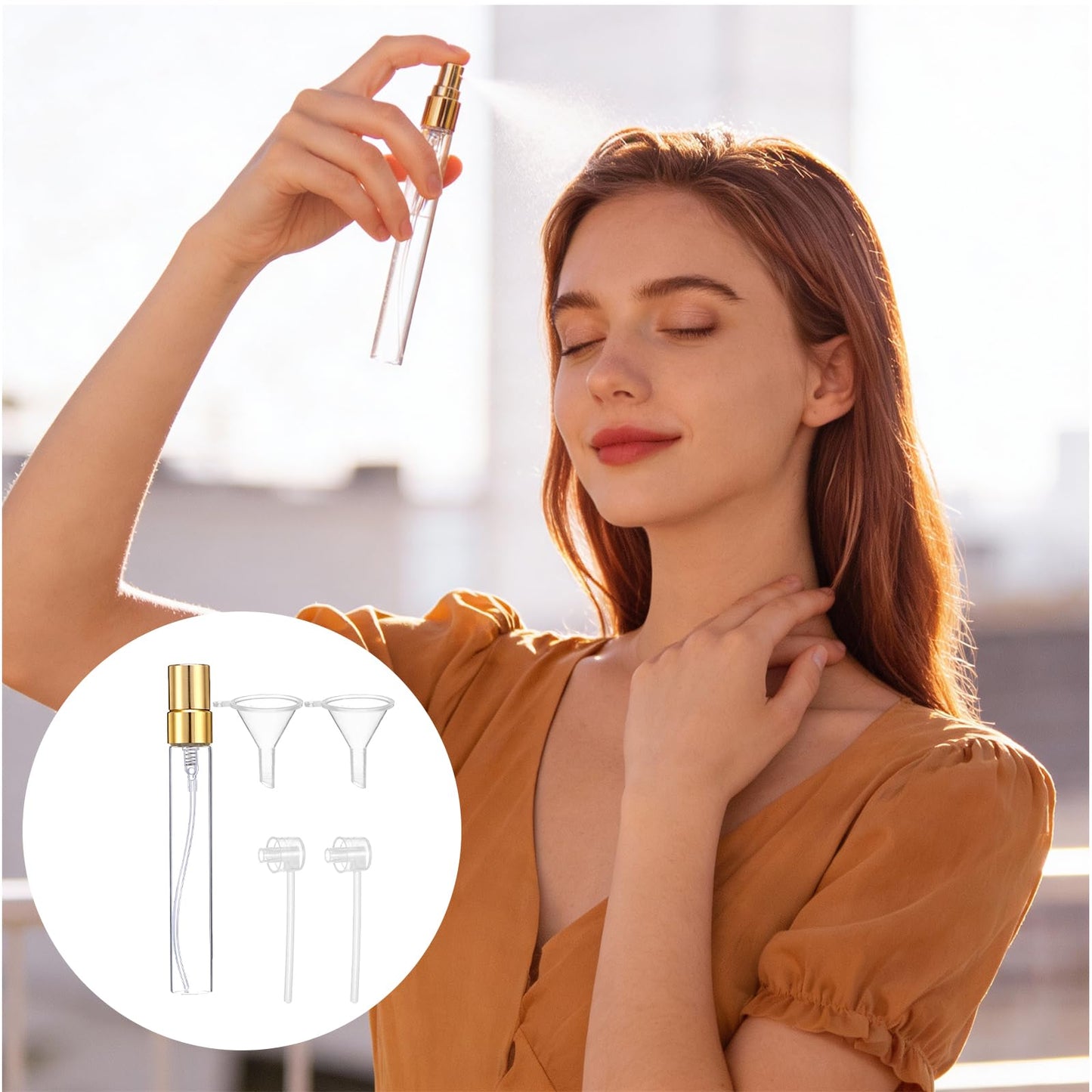 AOZUO 50 Pcs 10ml/0.34oz Mini Perfume Bottles Set Includes 2 Funnels and 2 Dispensers, Refillable Glass Spray Bottles Portable Travel Empty Sample Containers Fine Mist Atomizers with Caps, Gold