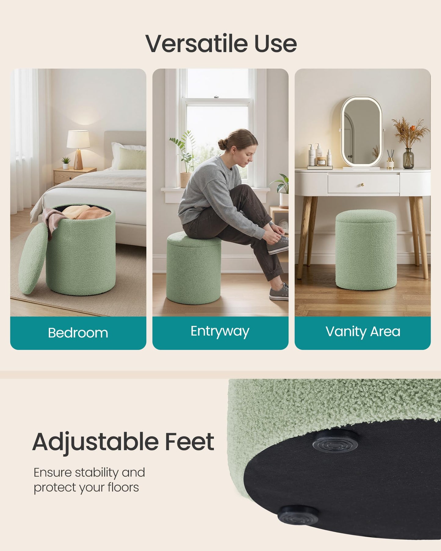 SONGMICS Vanity Stool, Set of 2, Round Storage Ottoman, Small Ottoman Coffee Table, Foot Stool, Removable Lid, for Living Room, Bedroom, Hallway, Easy Assembly, Teddy Fleece, Laurel Green ULOM013CZ01