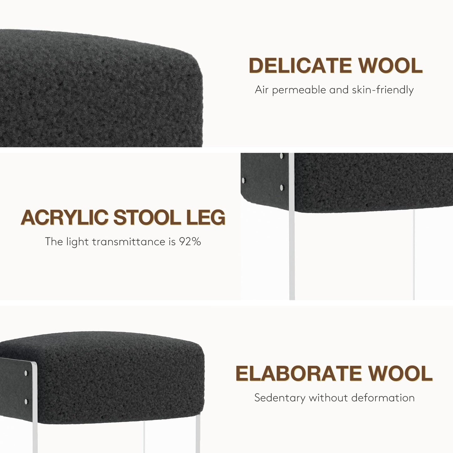 Vanity Stool Chair and Foot Rest -Modern Vanity Stool and Footstool with Wool and Acrylic Leg for Makeup Room, Living Room , Bedroom, Boucle Ottomans for Birthday, Christmas, Halloween, Easter Gifts