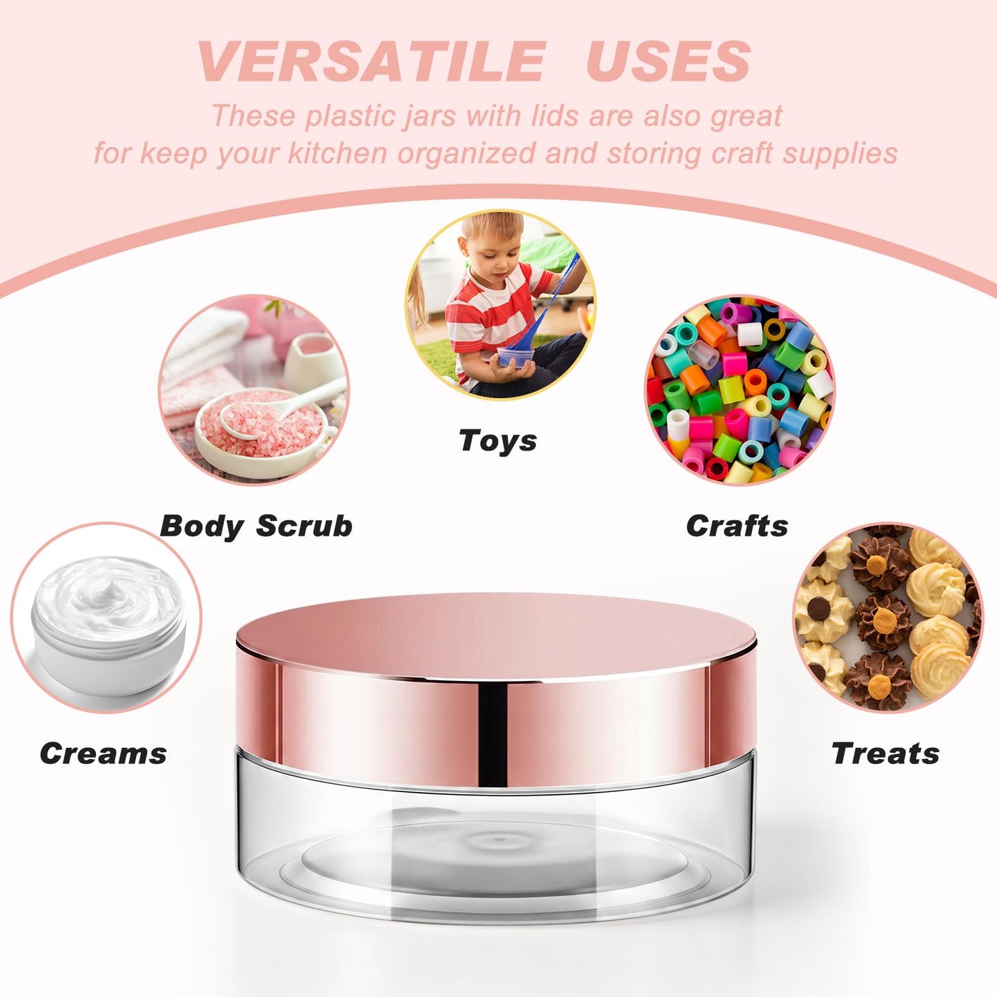 Dandat 24 Pcs 2 oz Clear Plastic Jars with Rose Gold Lids and Labels, Wide Mouth Cosmetic Sample Containers, Empty PET Pots for Cream, Body Butter, Balm, Salve, Gift Packaging, Travel, Beauty Projects