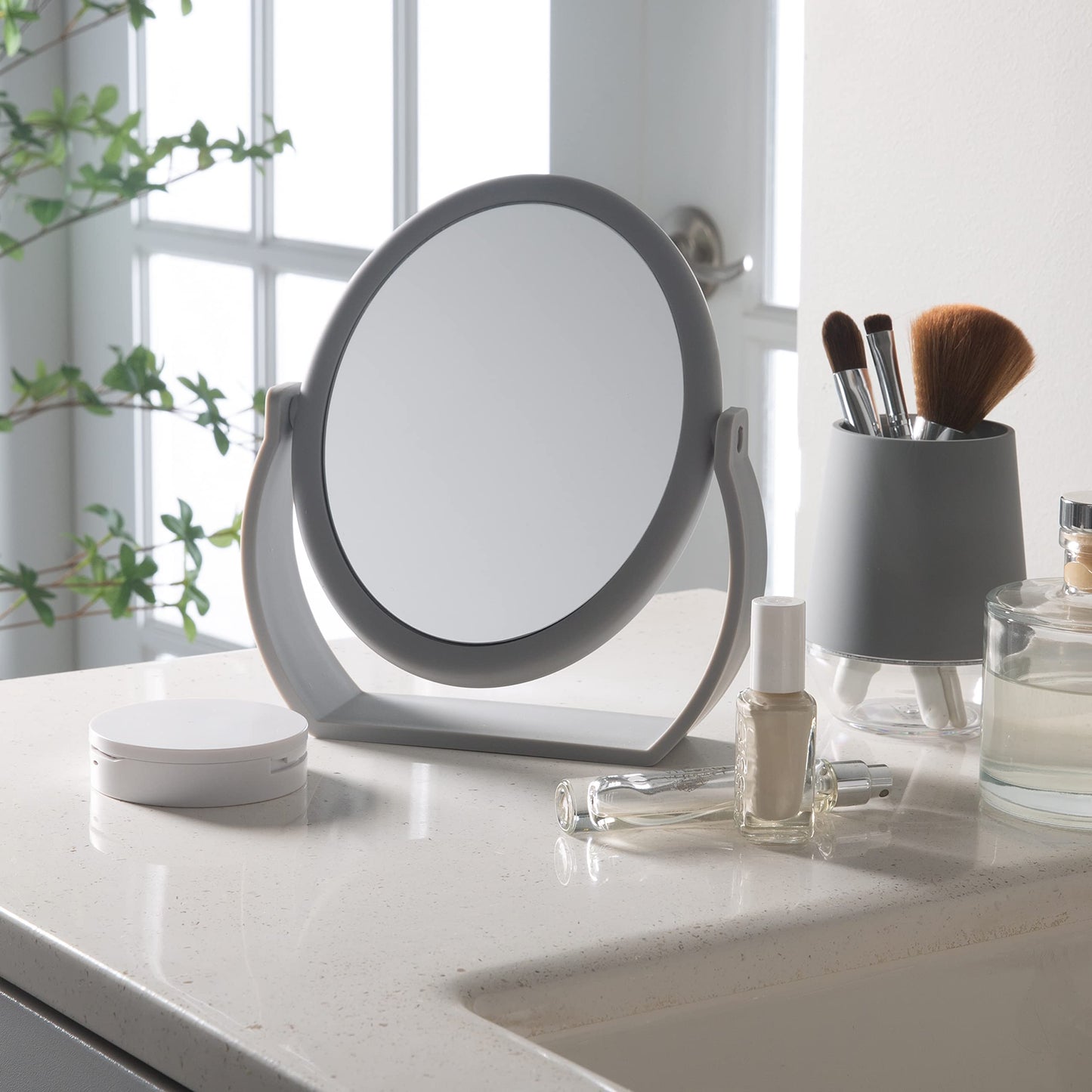 Bath Bliss Double-Sided Free-Standing Swivel Vanity Mirror | Regular & 10X’s Magnification | Make-up & Shaving Use | Freestanding | Tabletop | Rubberized | Grey