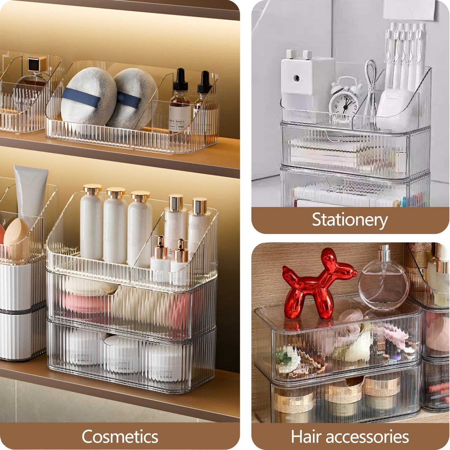 MEAJIO Medicine Cabinet Organizer 3 Tier, Stackable Bathroom Mirror Cabinet Storage,Small Makeup Organizers with 2 Drawer and 1 Tray for Wall Cabinet, Closet, Vanity, Countertop, Clear