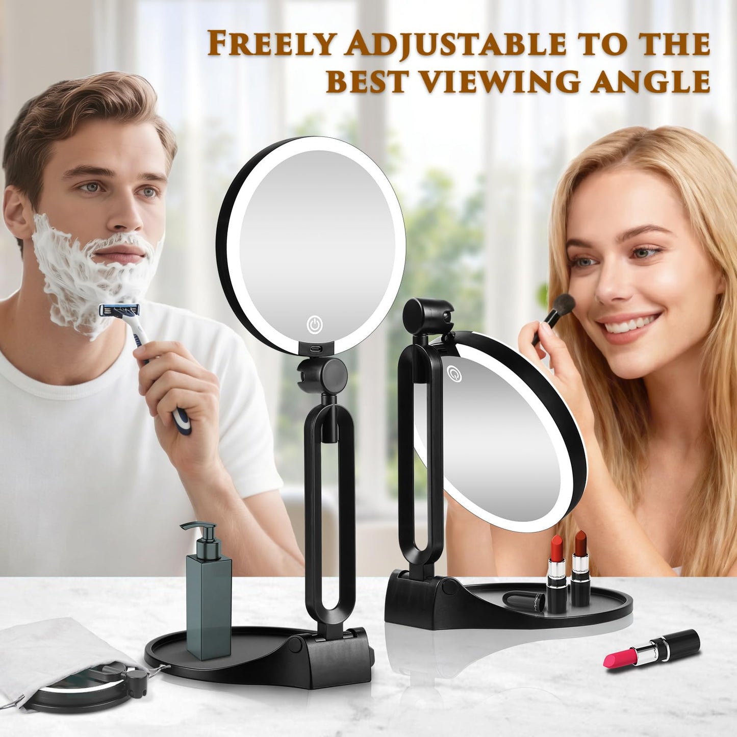 Travel Makeup Mirror with Lights,6" Portable Lighted Vanity Mirrors for Desk/Travel,1X+40X Double Sided Dimming LED Mirror with Adjustable Foldable Stand,Powerful Magnifying Only for Details Checking