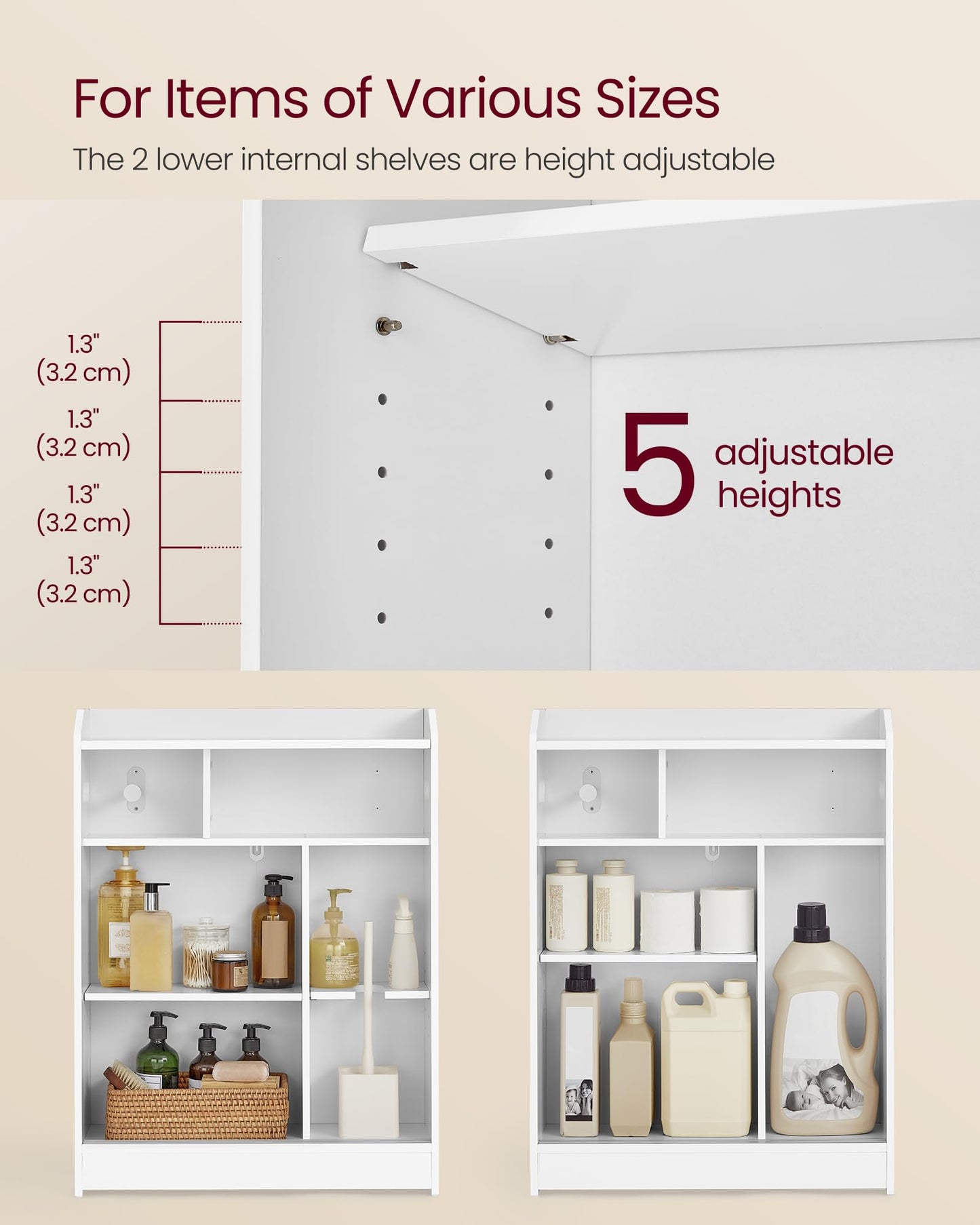VASAGLE Narrow Storage Cabinet, Slim Floor Cabinet with Sliding Doors, Toilet Paper Holder and Brush Compartment, for Bathroom and Living Room, 7.9 x 23.6 x 31.5 Inches, Cloud White UBBC752W01