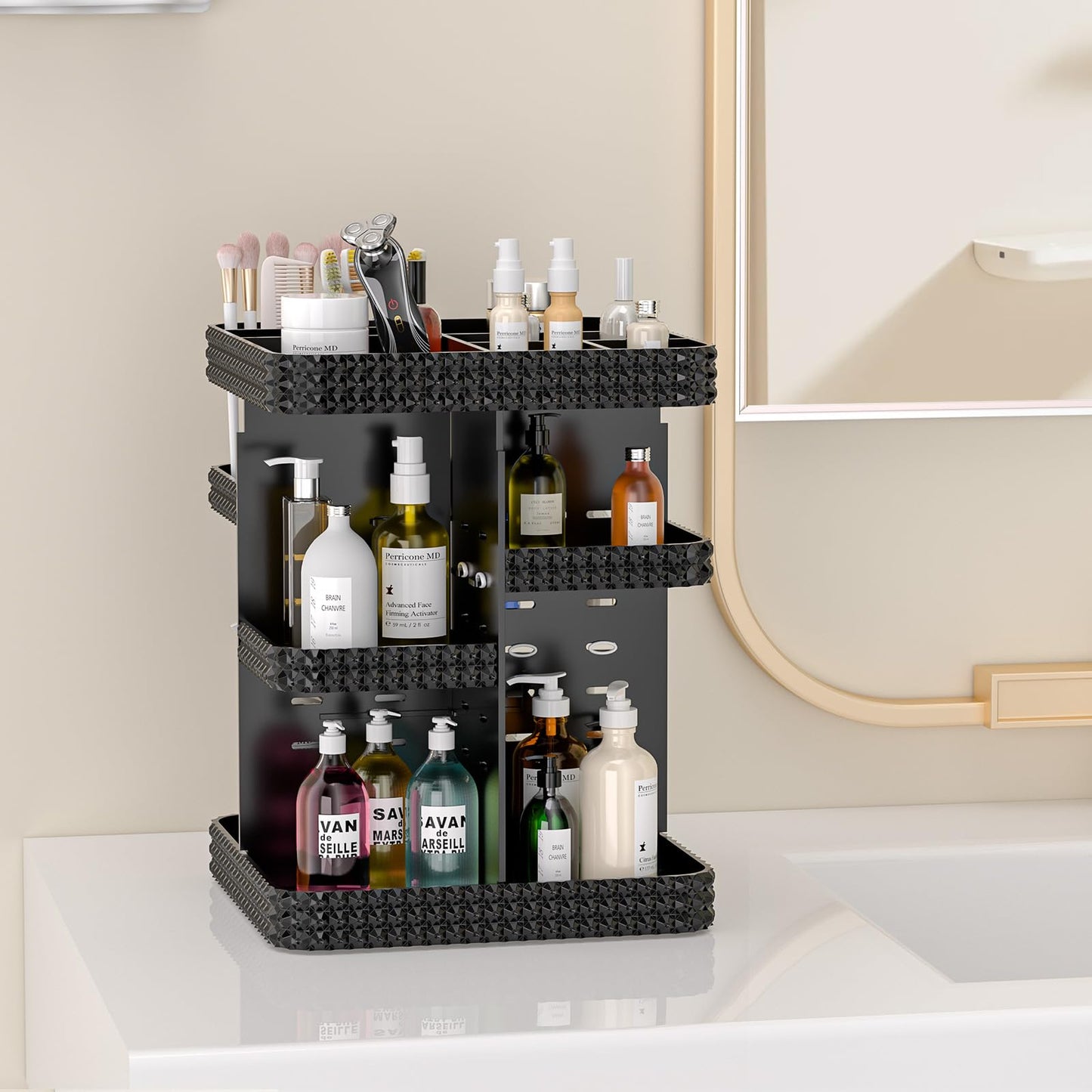 HEMTROY Rotating Makeup Organizer with Makeup Brush Holder,Large Capacity Perfume Organizer for Vanity Countertop,Acrylic Skincare Organizers Spinning Holder Storage Rack (Black)