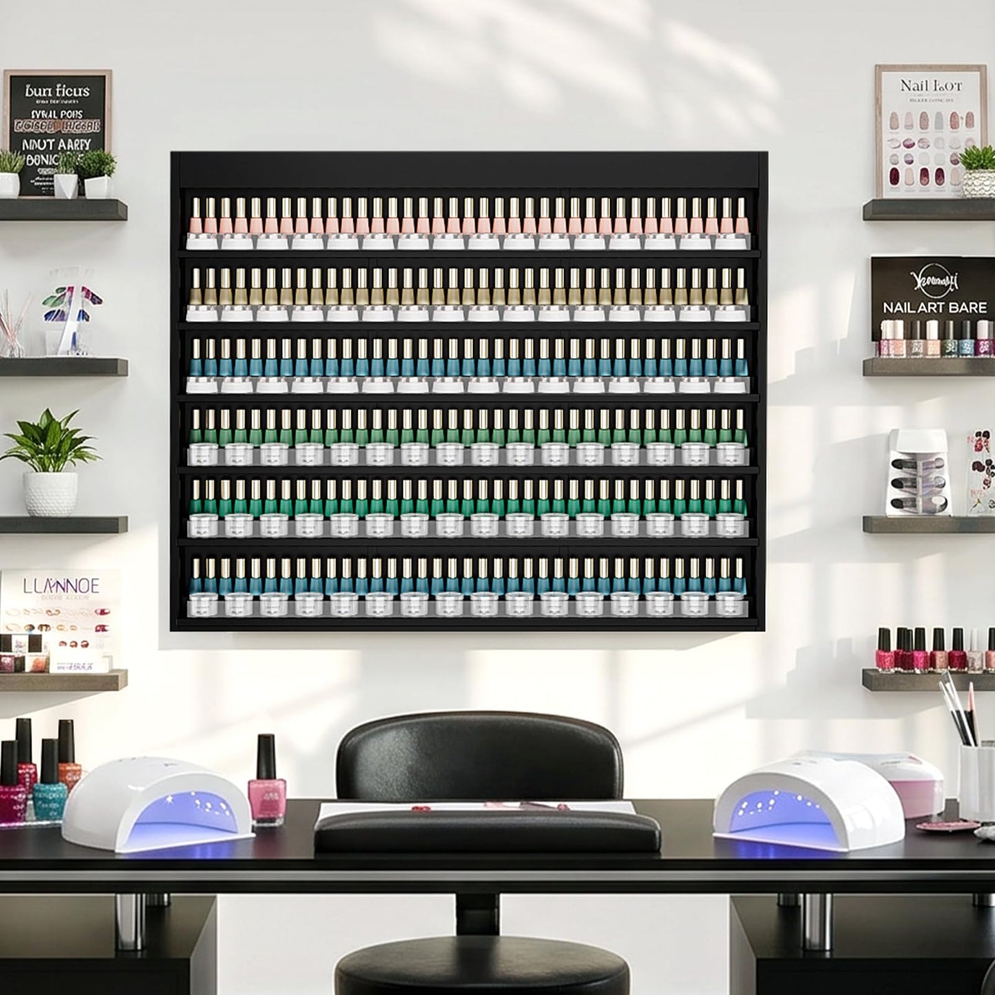 OmySalon Powder & Polish Rack - 6-Tier Double Nail Polish Organizer Wall-Mounted Salon Display Rack with Acrylic Barrier for Nail Salon Spa Home Beauty Studios (Black)