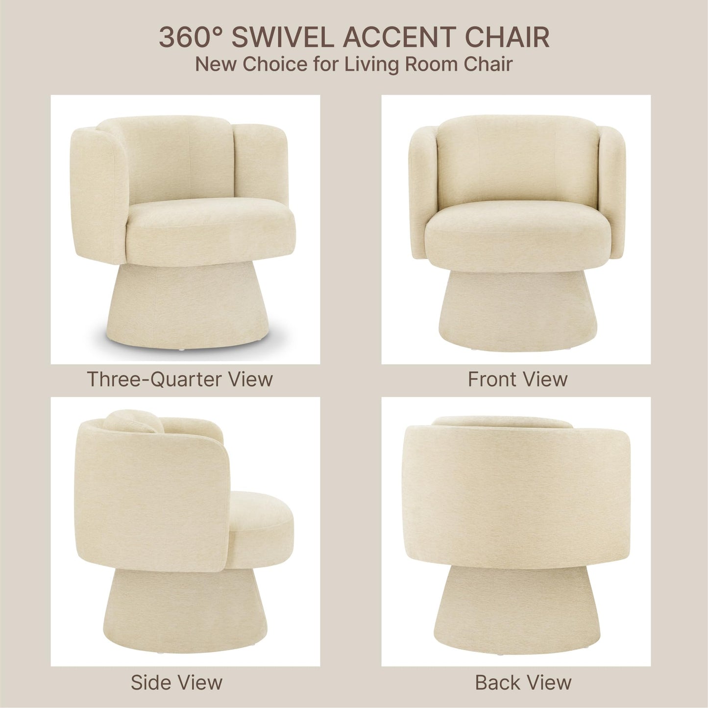 Swivel Barrel Chair,360° Accent Chairs with Round Backrest,Upholstered Lounge Chair for Vanity,Living Room,Bedroom,Reading Nook,Sand
