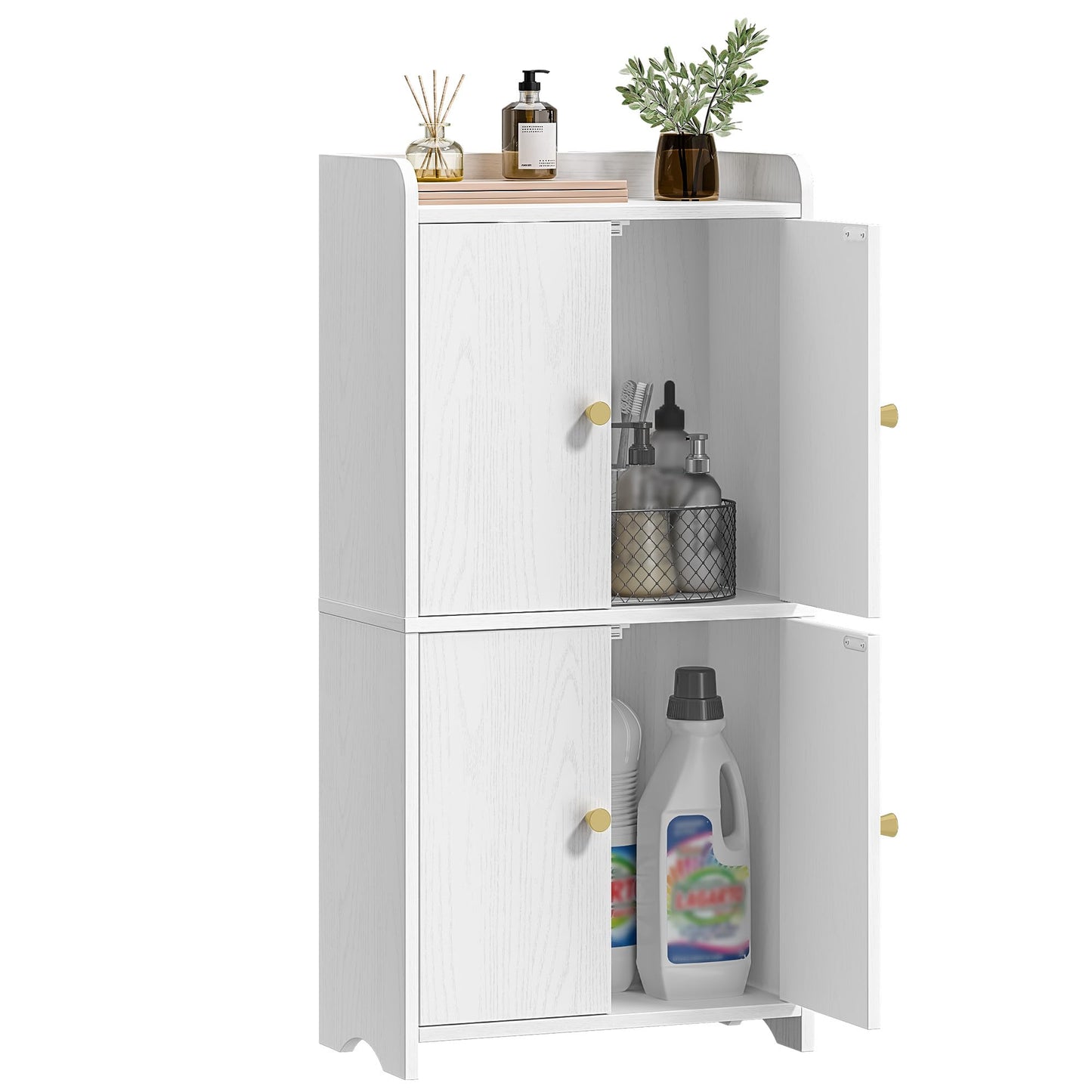 HEXCELEN Small Storage Cabinet, Bathroom Storage Cabinet with 4 Doors, Floor Bathroom Organizer Freestanding for Small Spaces, Living Room, Kitchen, Entryway (Modern Minimalism, White)