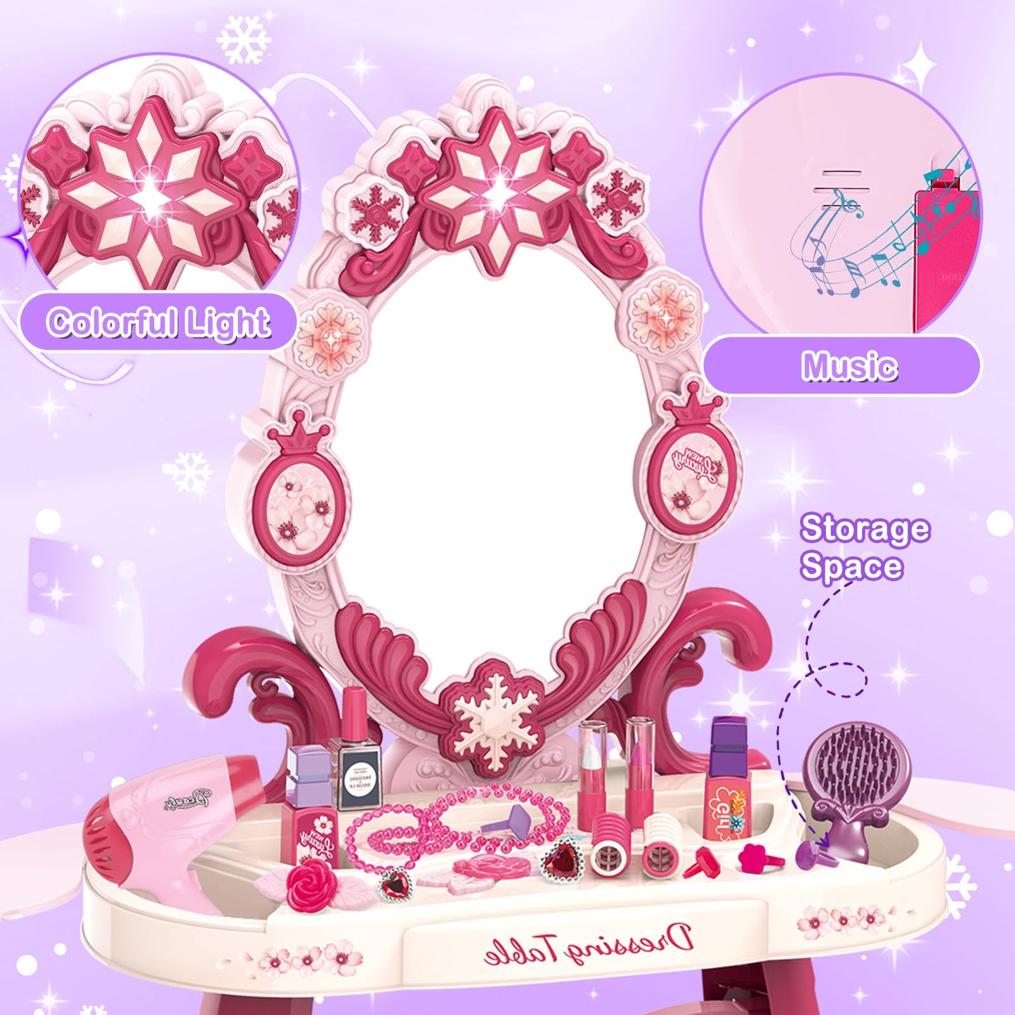 deAO Kids Vanity Table and Chair Set with Mirror and Chair, Toddler Vanity with Light & Music, Pretend Play Makeup & Hair Dryer Toy, Beauty Salon Gift for Girls Ages 3-5