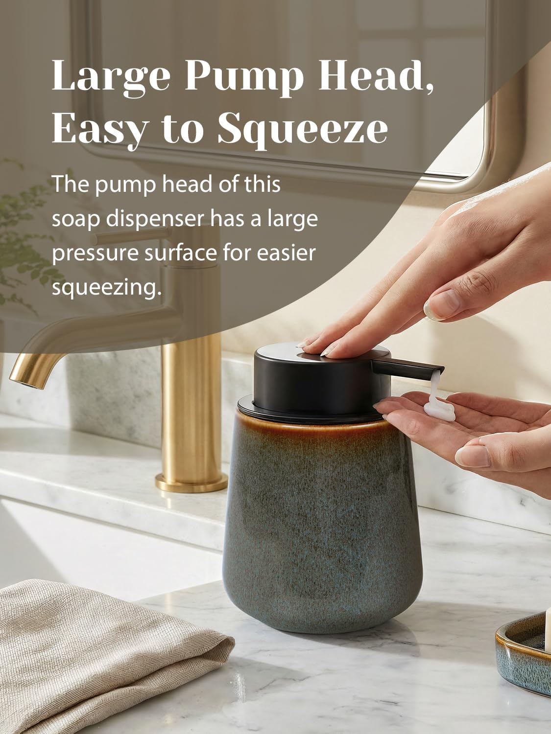 INGOFIN Ceramic Lotion Dispenser - 12 oz Refillable Hand Soap Dispenser Bathroom, Modern Liquid Dispenser with Pump, Dish Soap Dispenser for Kitchen,Kiln-Glazed Green