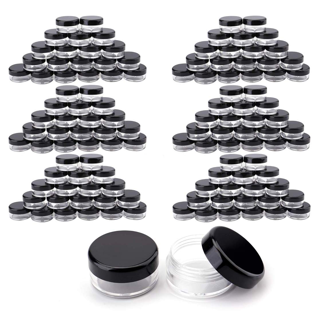 Tosnail 120 Pieces Clear Plastic Jars with Black Lids, 3 Gram Round Storage Containers Lip Balm Containers Beads Organizer