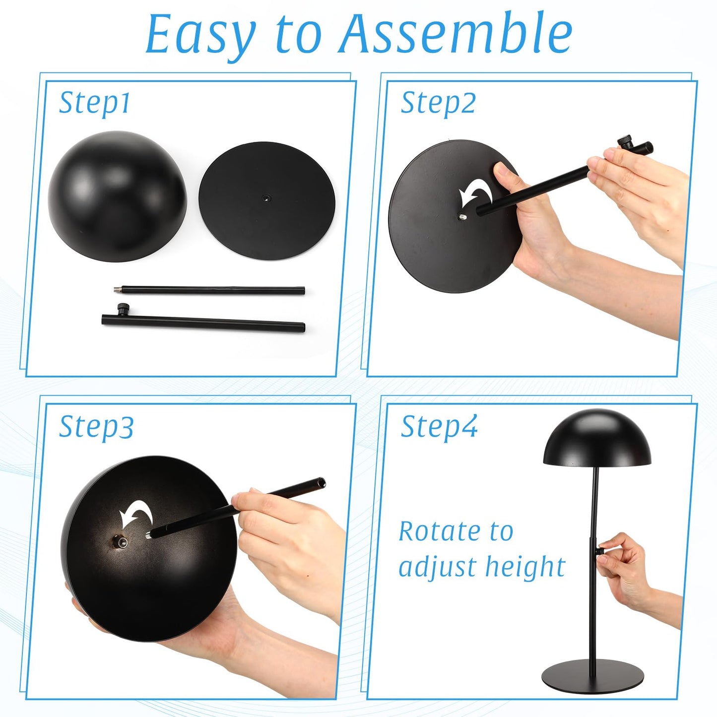 Sintuff 4 Pcs Hat Display Stand:adjustable 7.9-15.7inch Wigs Head Holder Stand Non Slip Stainless Steel Metal Rack for Multiple Hats Wig Storage Styling Practice(Black,Round Base)