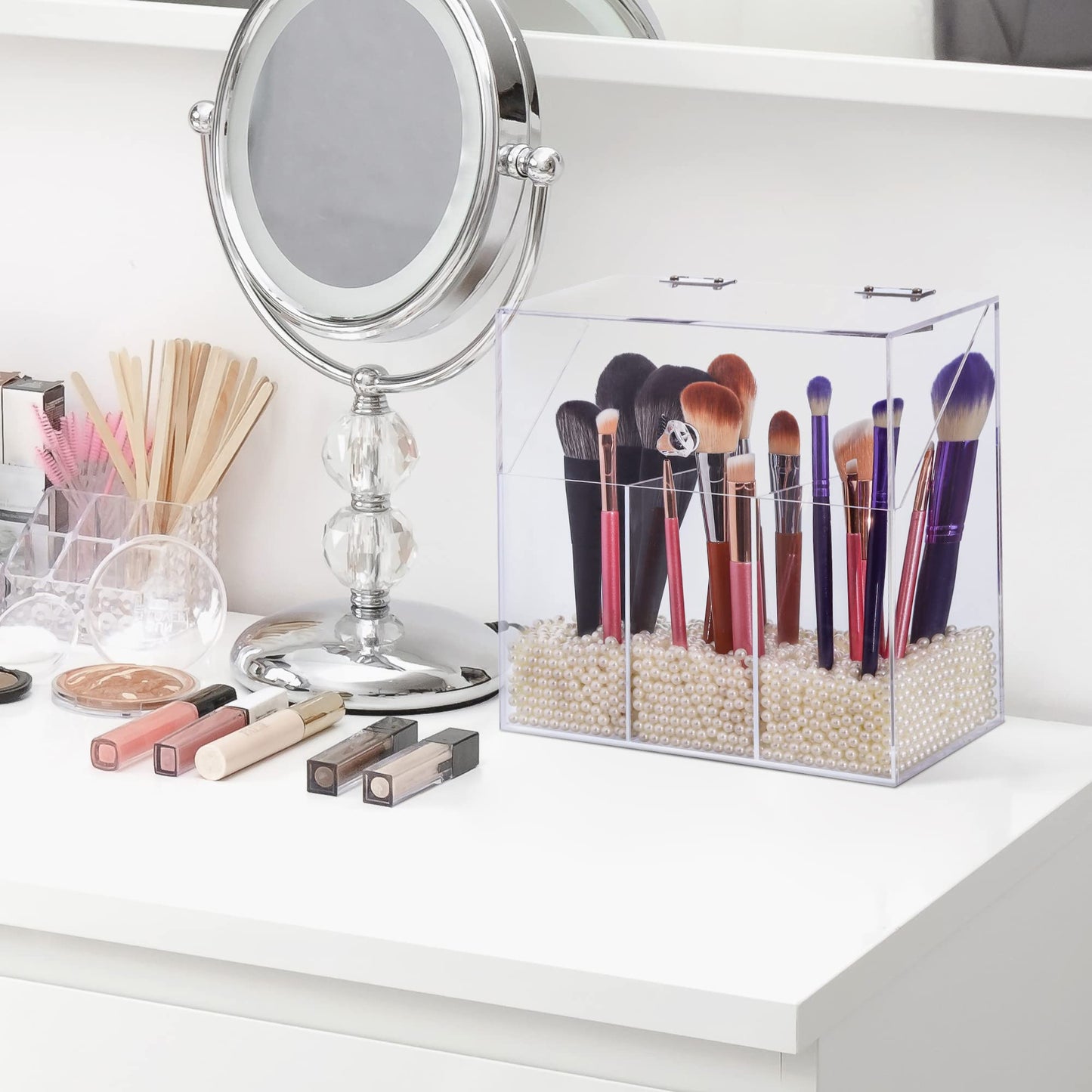 LOHRYVIO Acrylic Makeup Brush Holder with Lid - Clear Cosmetic Make up Brush Organizer and Storage Box with Dustproof Cover for Vanity - Large Capacity 3-Slots Container for Brushes (White)