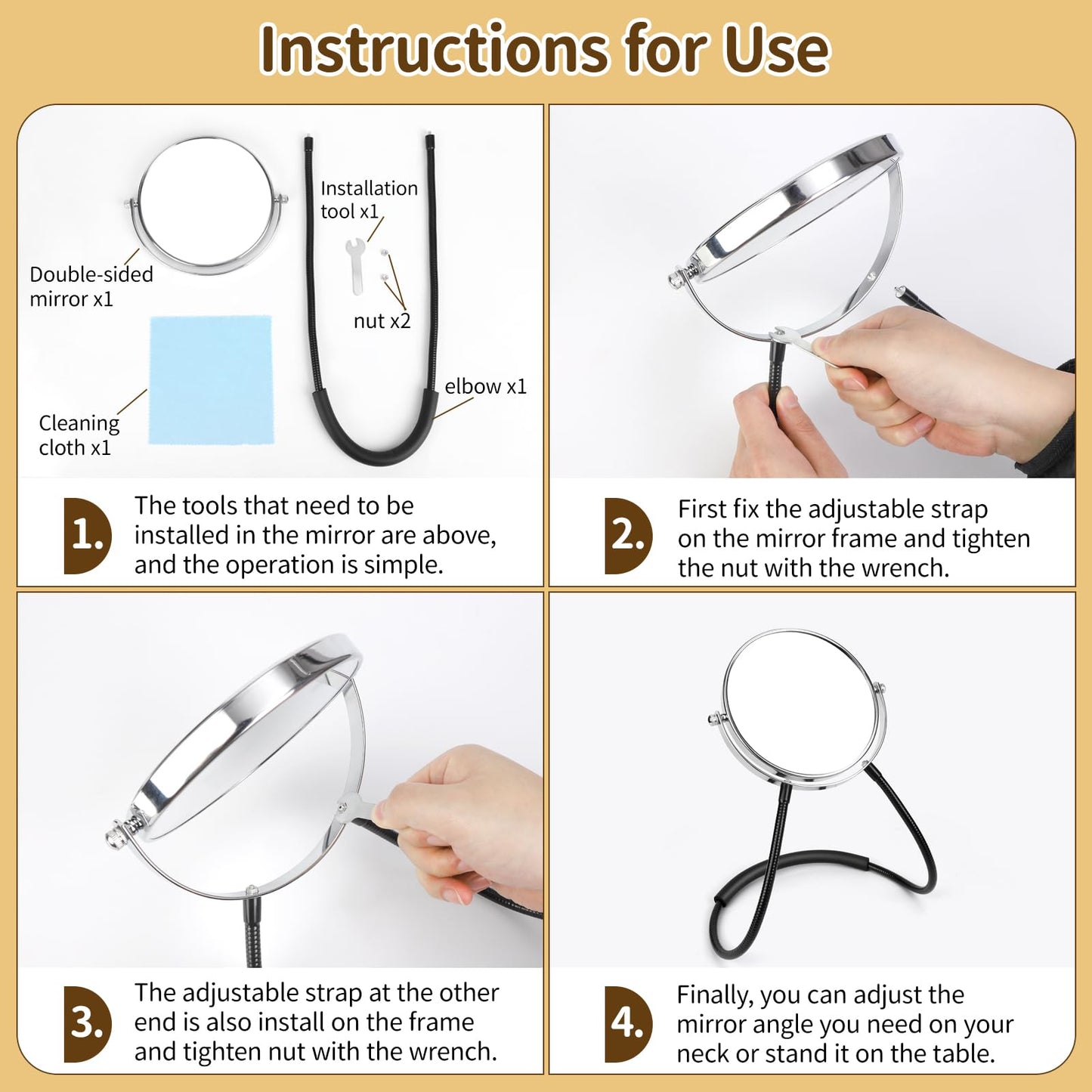 Double-Sided Mirror to See Back of Head, Hands Free Adjustable Mirrors Hung Around The Neck, Two Way Mirror for Women Man Makeup, Self Haircut, Standard Viewing and 5X Magnification 360° Mirrors