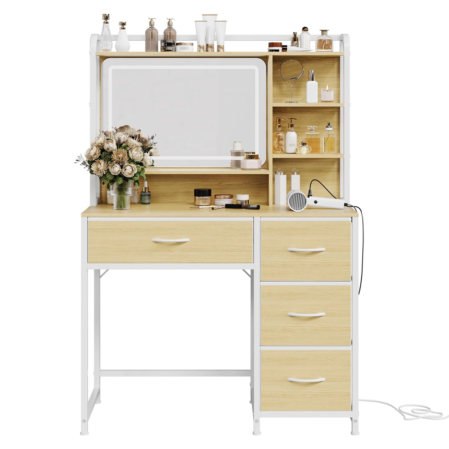 Garvee Vanity Desk with Square Mirror, 35.4” Makeup Vanity Table with Shelves, 4 Fabric Drawers Storage, Modern Dressing Table for Bedroom, Gift for Girls
