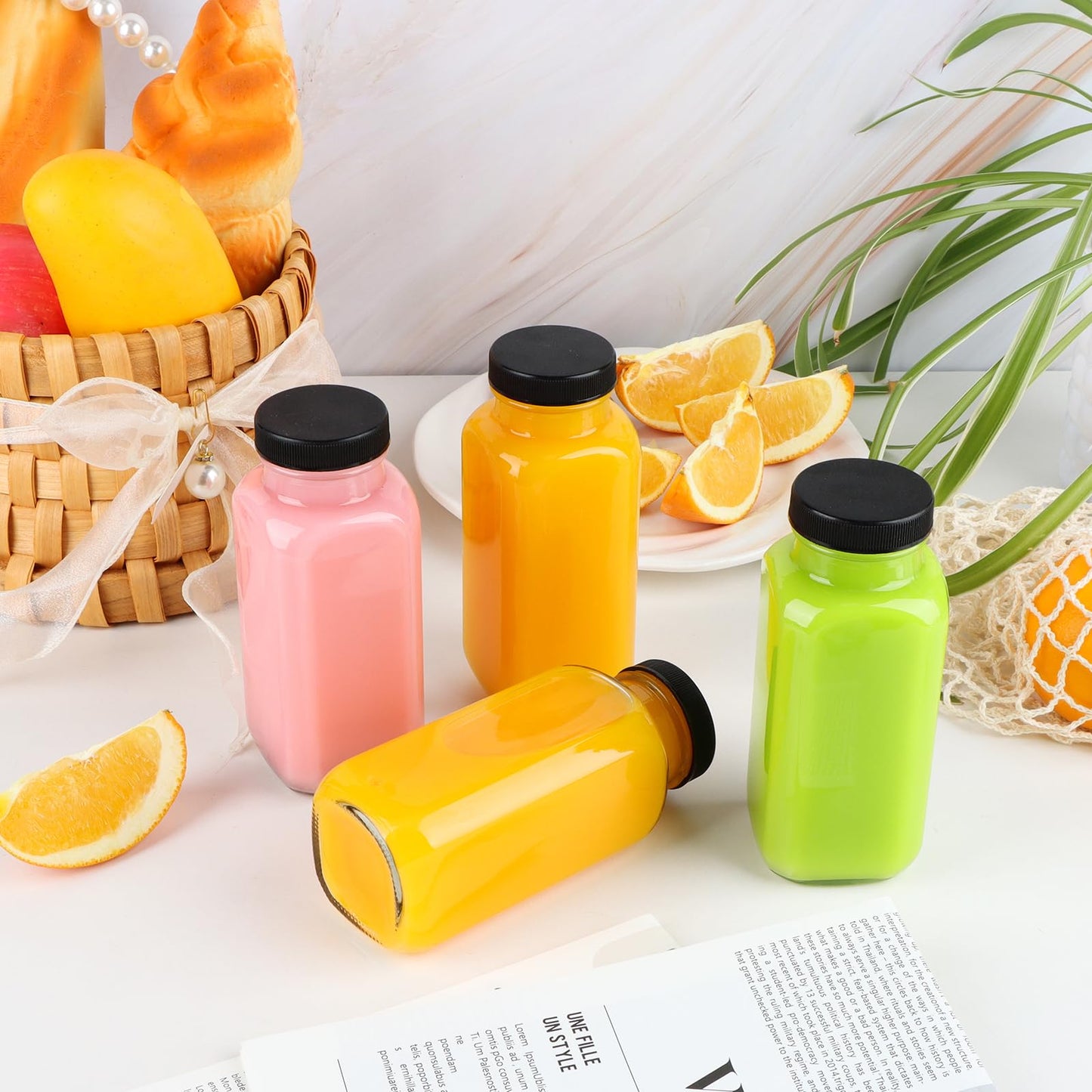 GUANENA 6 Pack Glass Drink Bottles, 8.5 OZ Vintage Square Water Bottles with Lids, Juice Bottles Beverages Containers for Milk, Kombucha, Smoothies