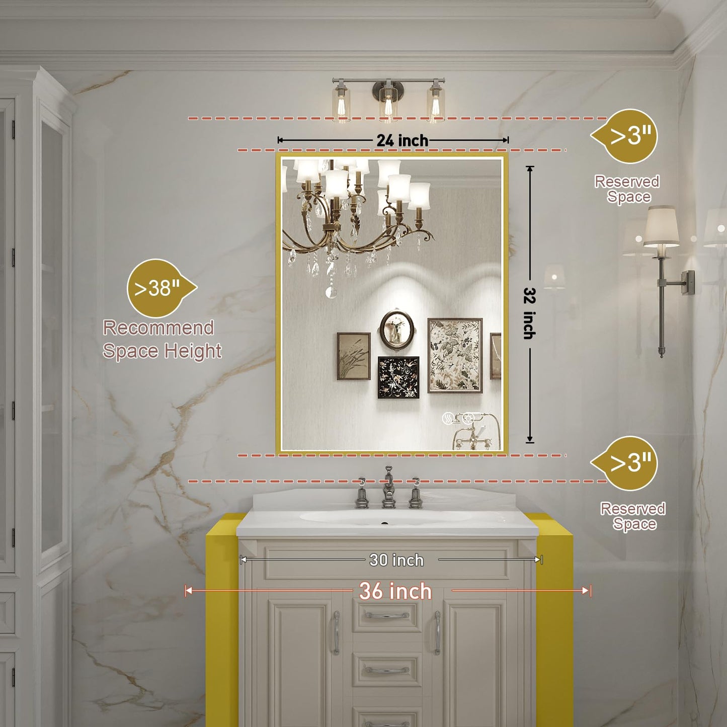 FTOTI 24x32 Inch LED Bathroom Mirror with Lights,Gold Frame