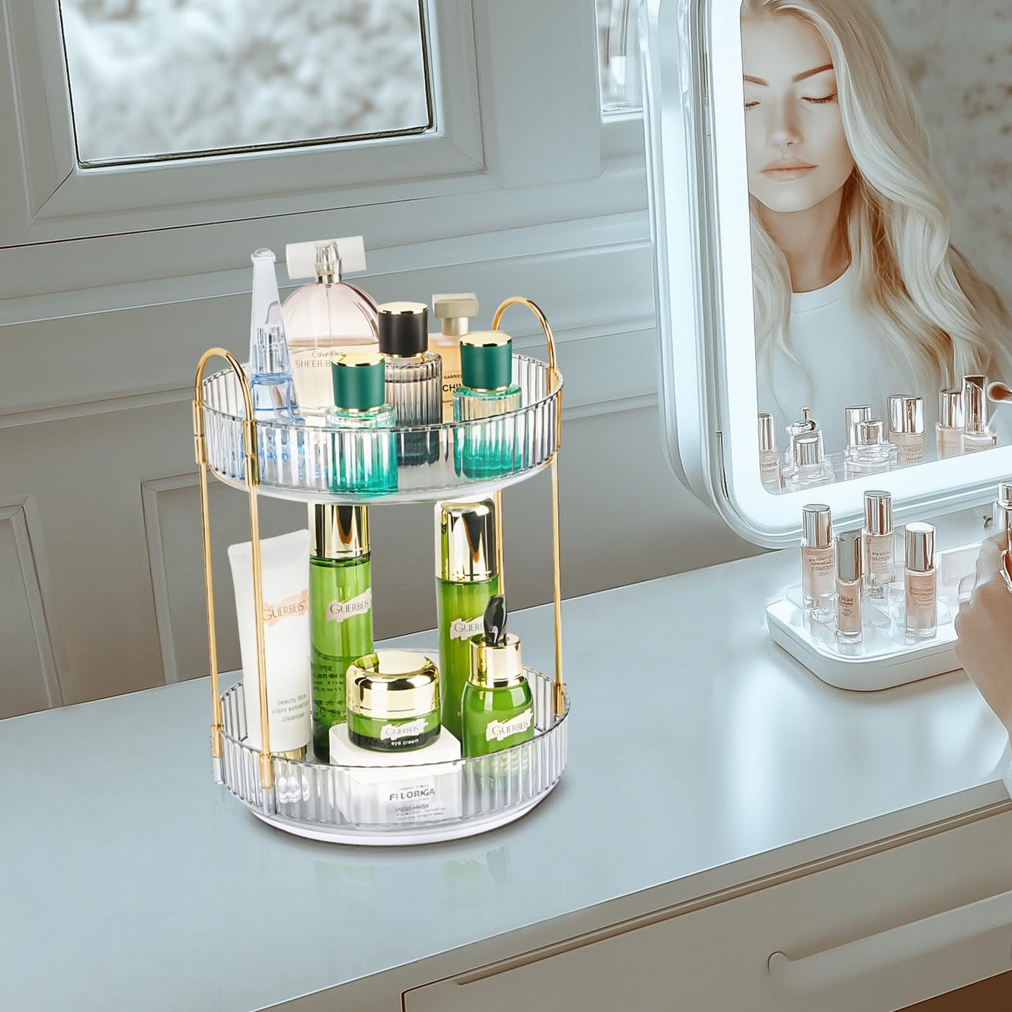 Niluks 360 Rotating Makeup Organizer - Large Capacity Spinning Perfume & Cosmetic Skincare Holder for Countertop (Pearl White, 2 Tier)