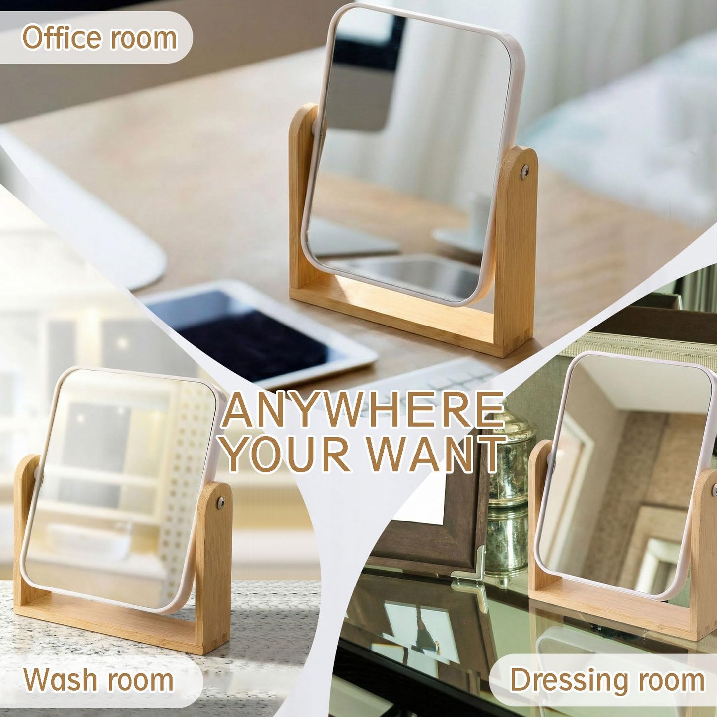 Novabright 4 Pack Desk Vanity Mirror, Double Sided 1X/ 3X Magnifying Makeup Mirror with Natural Bamboo Stand, 360° Swivel for Table, Desk, Countertop Bathroom Bedroom