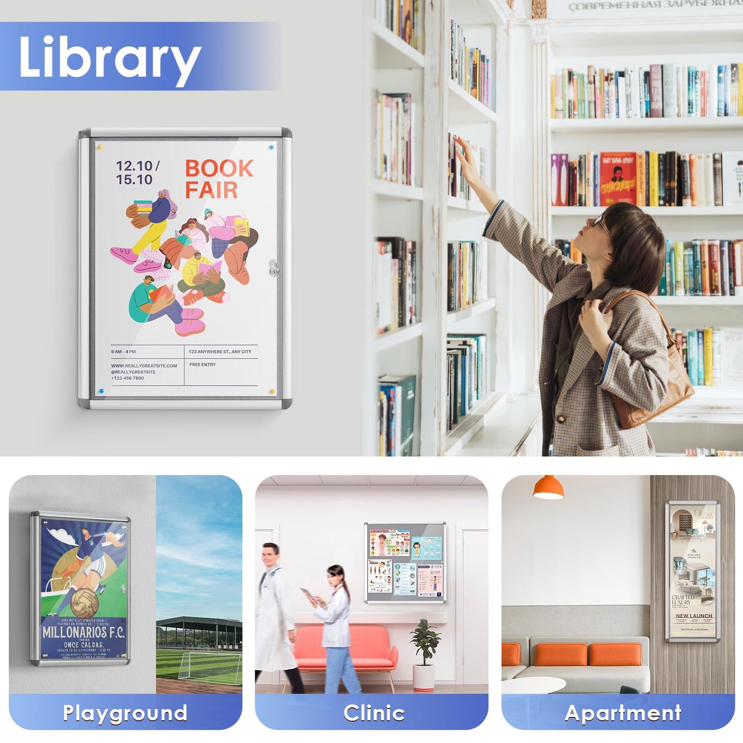 SWANCROWN Enclosed Bulletin Board 36x24 in, Tamperproof Lockable Grey Felt Board Wall Display Case for Office School Home, Aluminum Frame