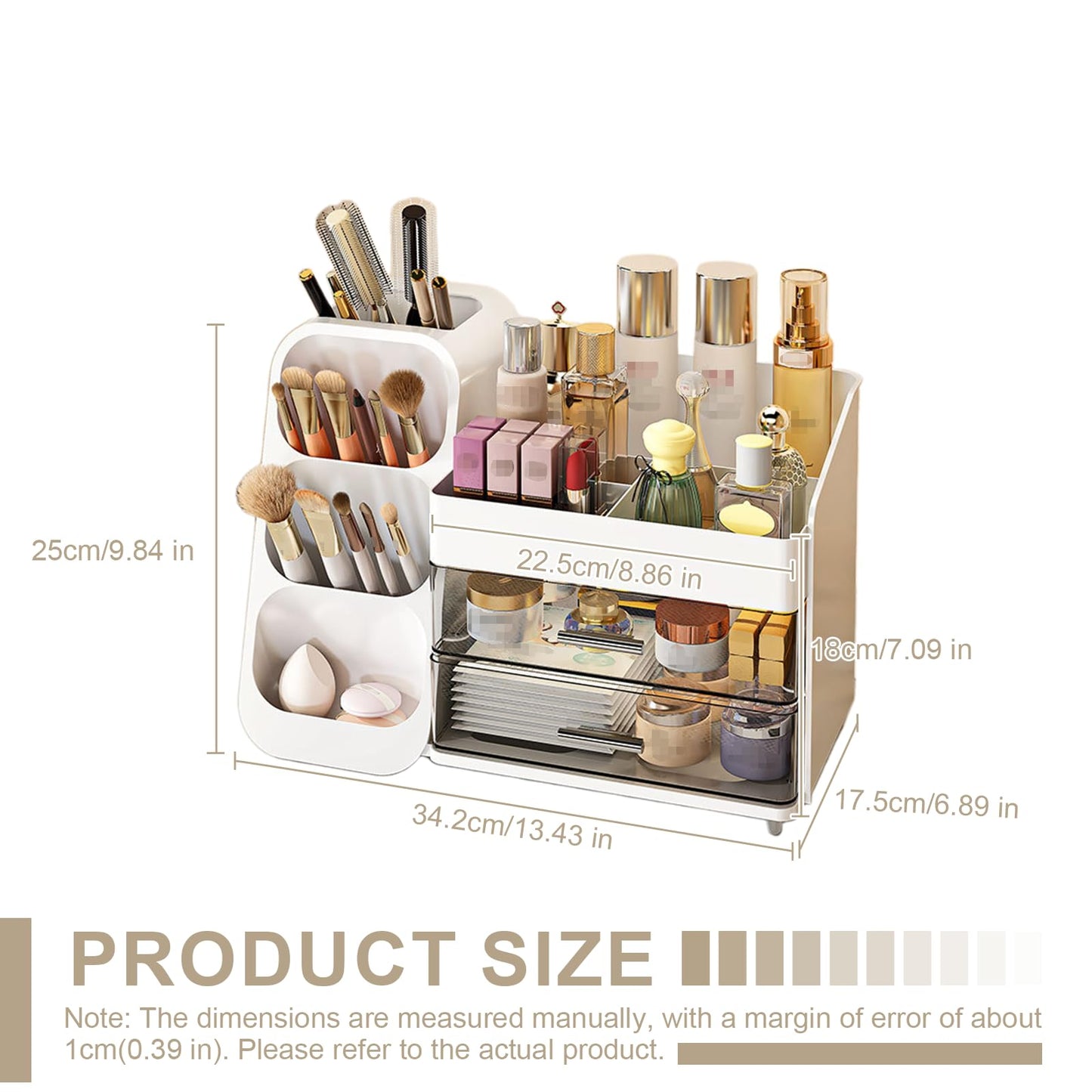 HEVOY Makeup Organizer with Drawer, Skincare Products Perfume Desk Storage Box, Beauty Holder Rack for Lipstick Brush Eyeliner, Cosmetic Display Case for Dresser Countertop & Bathroom Vanity (White)