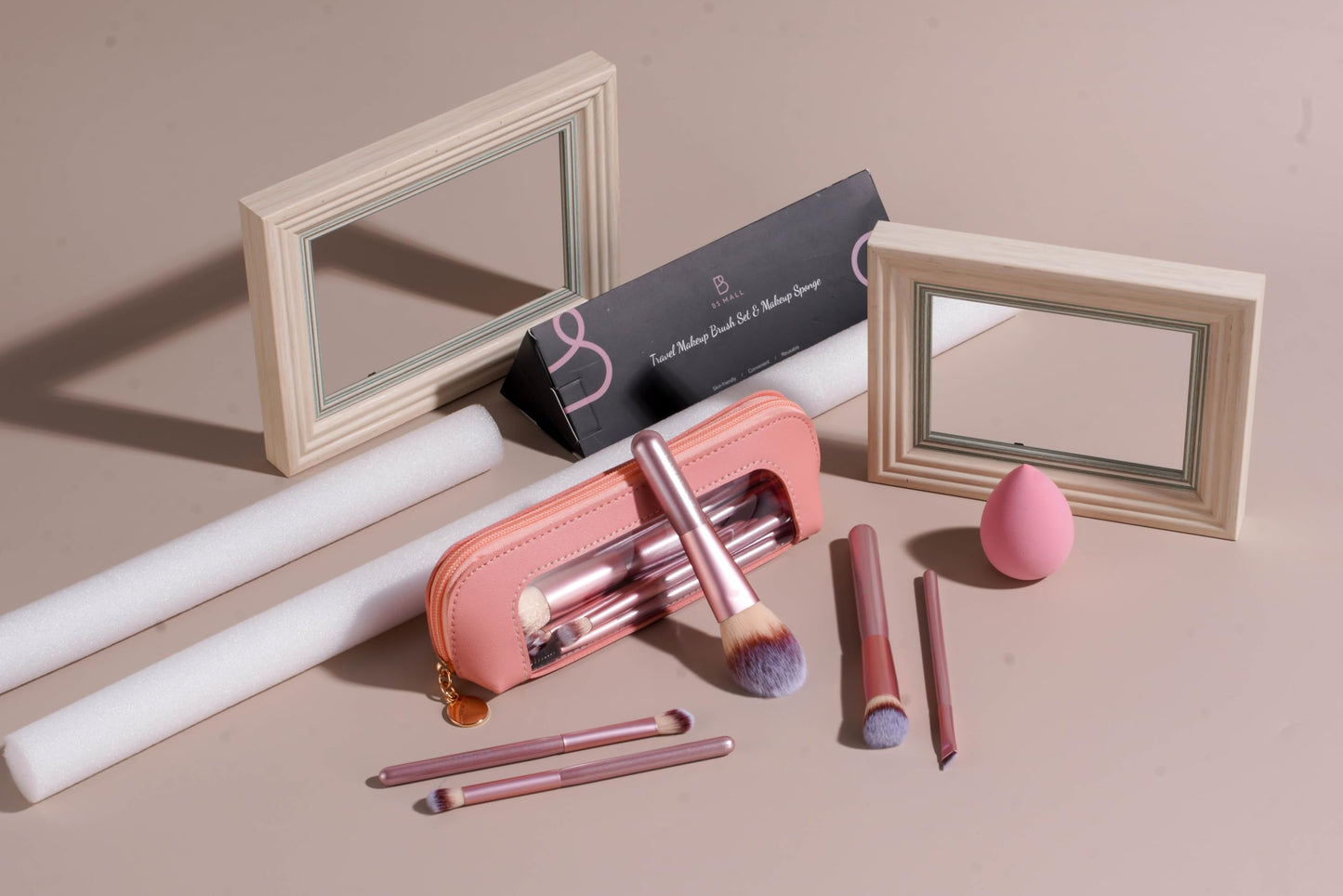 BS-MALL 14 Pcs Makeup Brushes Set with 1 Pcs Makeup Sponge – Essential Foundation Powder Concealers, Eye Shadows, Blush Makeup Brushes with Travel Makeup Case (Matte Gold Pink)
