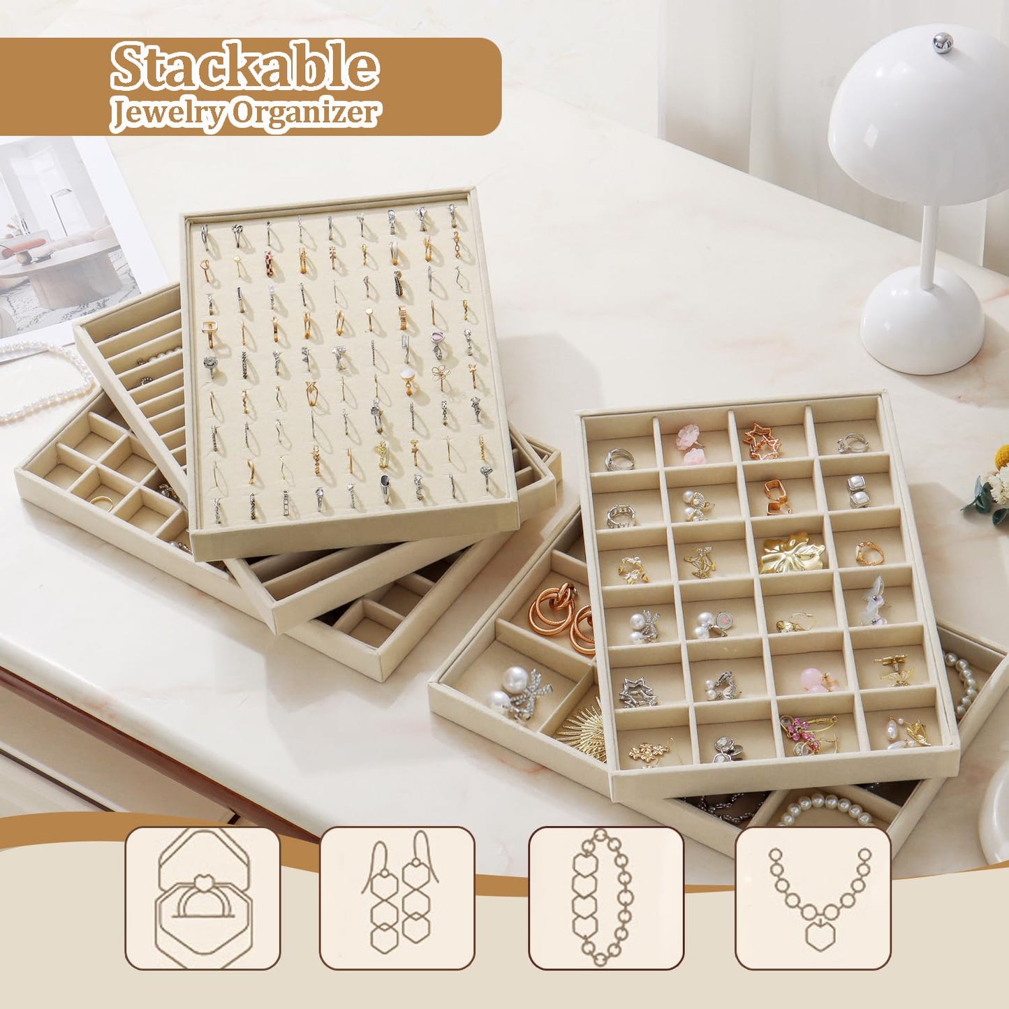 KATISYIO Large Velvet Jewelry Tray 2 Pack Stackable Jewelry Display Drawer Inserts Trays Organizer for Earring Bracelet Necklace Ring (Beige, 16 Grids)