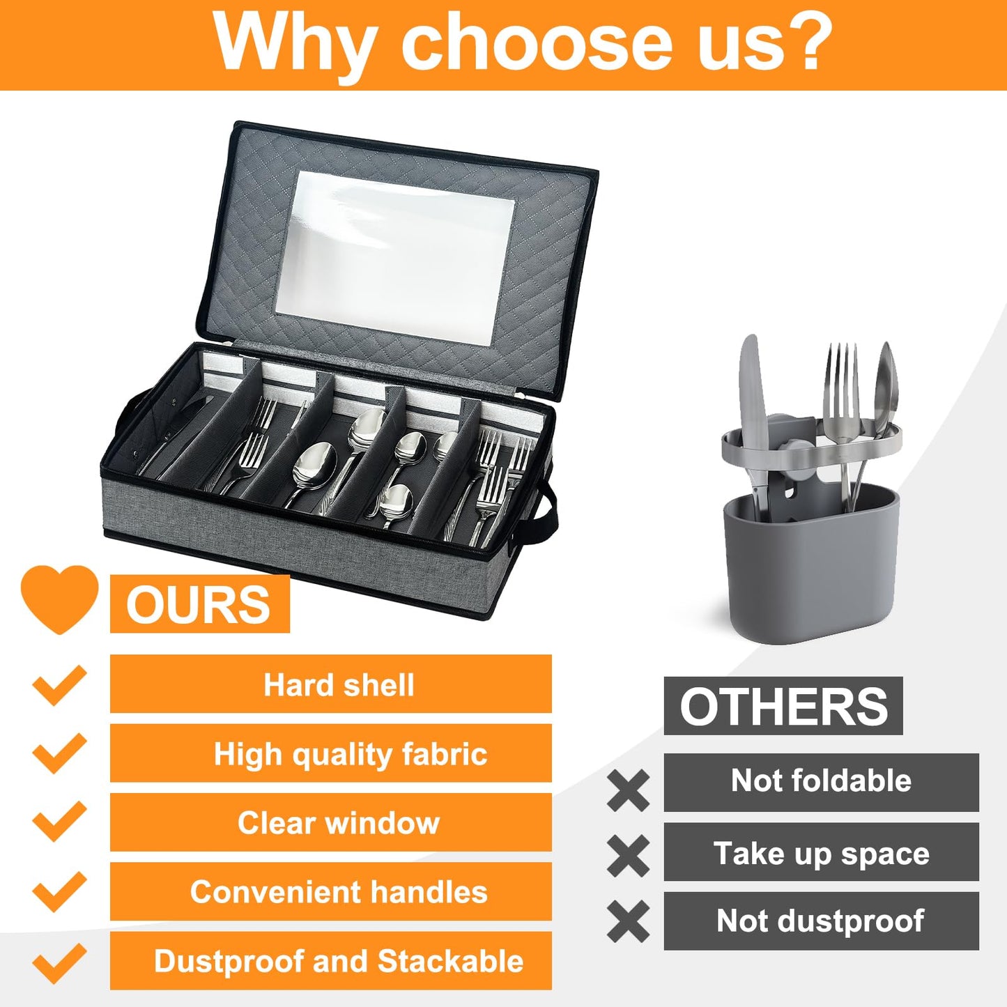 VERONLY 2 Pack Flatware Utensil Storage - Sturdy Silverware Storage Box with Dividers, 5 Compartment Flatware Storage Case with Handles and Removable Lid for Moving&Protected(Dark Gray)
