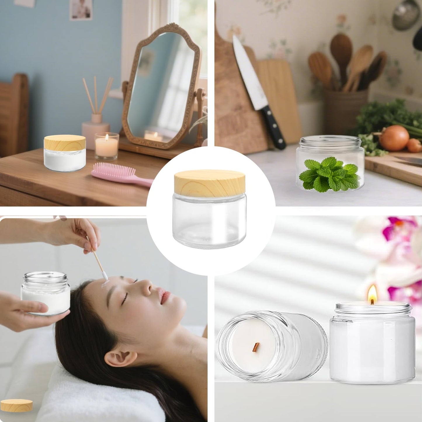 LECEHIVO 25 Pcs Glass Jars with Plastic Woodgrain Lids and Inner Liners 2 oz Clear Cosmetic Containers Empty Round Small Containers for Making Creams Lotions Powder Ointments Candle