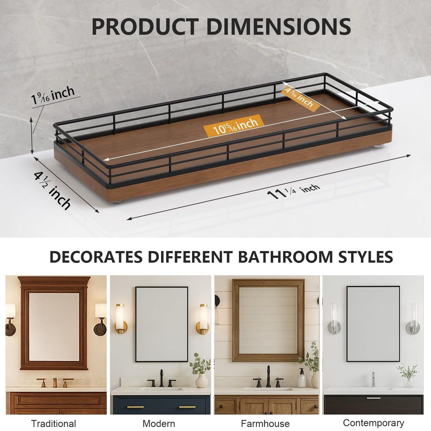 Bathroom Tray for Counter Top Organizer – Oak Wood Vanity Tray with Metal Frame for Dresser, Kitchen, Nightstand – Black & Brown Decorative Storage