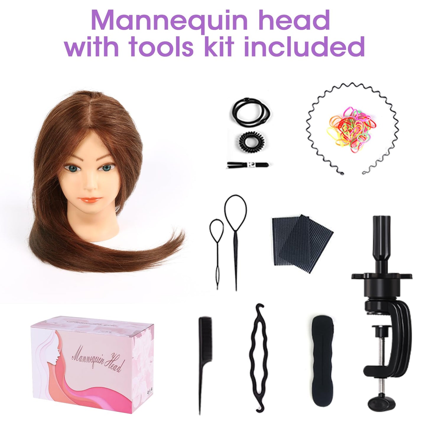 Mannequin Head with 100% Human Hair,22'' Real Hair Cosmetology Mannequin Manikin Head Hair Styling Hairdressing Practice Training Doll Head with Clamp Holder and Tools (Dark Brown Blue Eyes)