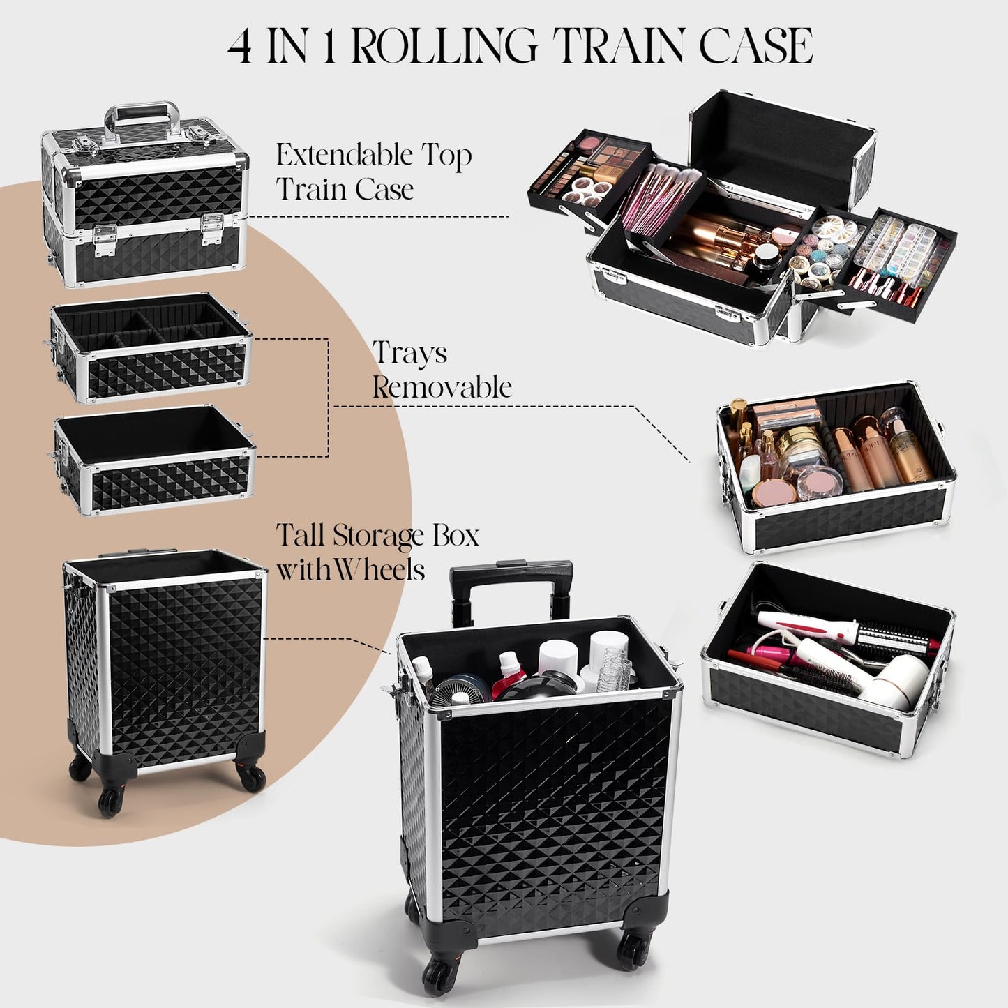 Yueieoun Rolling Makeup Train Case, 4-in-1 Cosmetology Case on Wheels, Nail Tech Cart for Travel, Professional Cosmetic Vanity Case, Suitcase for MUA/Manicure/Tattoo/Style, Lockable Storage Box, Black