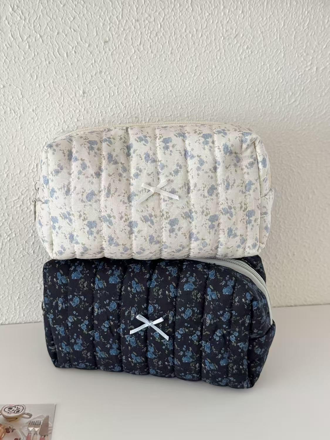 2 Pack Puffy Quilted Makeup Bag Set,Floral Quilted Makeup Pouch,Coquette Cotton Toiletry Bag for Travel Women Girl, Flower Cute Pouch Travel Toiletry Bags,Aesthetic Travel Cosmetic Bags