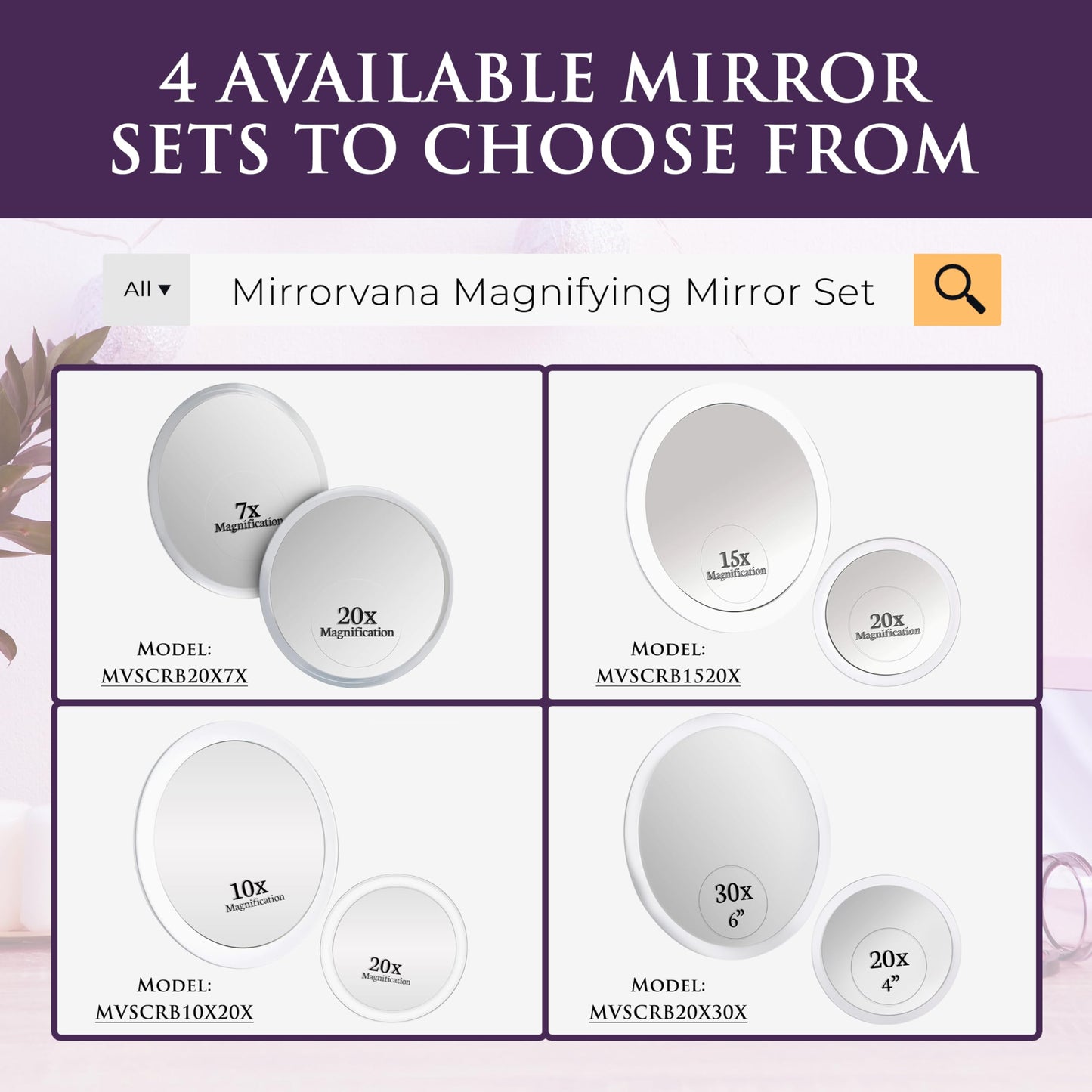 MIRRORVANA 20X & 15X Magnifying Mirror Set with 3 Suction Cups Each - Compact & Travel Ready Mirror for Makeup - Sizes: 6" and 4" Wide