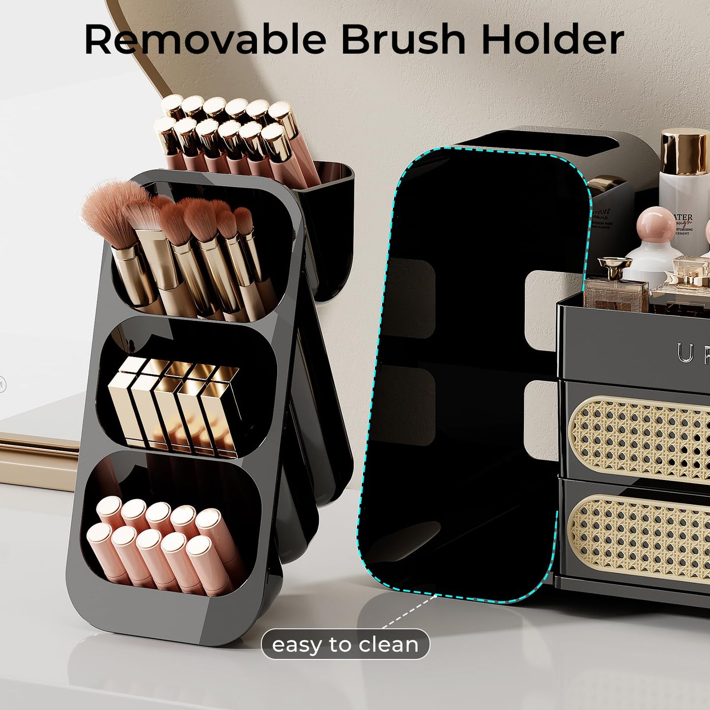 UFORU Makeup Organizer for Vanity with Brush Holder, Large Capacity Bathroom Countertop Skincare Organizer with 2 Drawers, Cosmetic Display Case for Perfumes, Eyeshadow Palettes, Nail Polishes