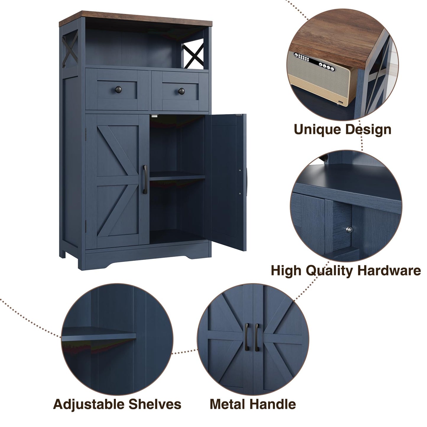 Befrases Farmhouse Blue Storage Cabinet with Barn Doors and Drawers, Small Freestanding Kitchen Pantry Cabinet, Hutch Cupboard for Kitchen, Laundry, Living Room,Bathroom